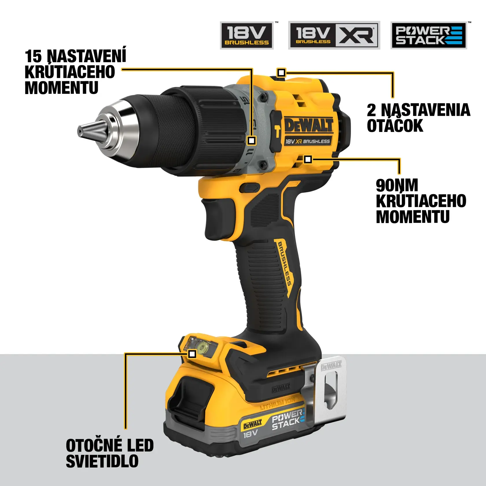 A close-up of a gloved hand using a yellow and black DEWALT 18V cordless drill to fasten a screw into a metal bracket on a