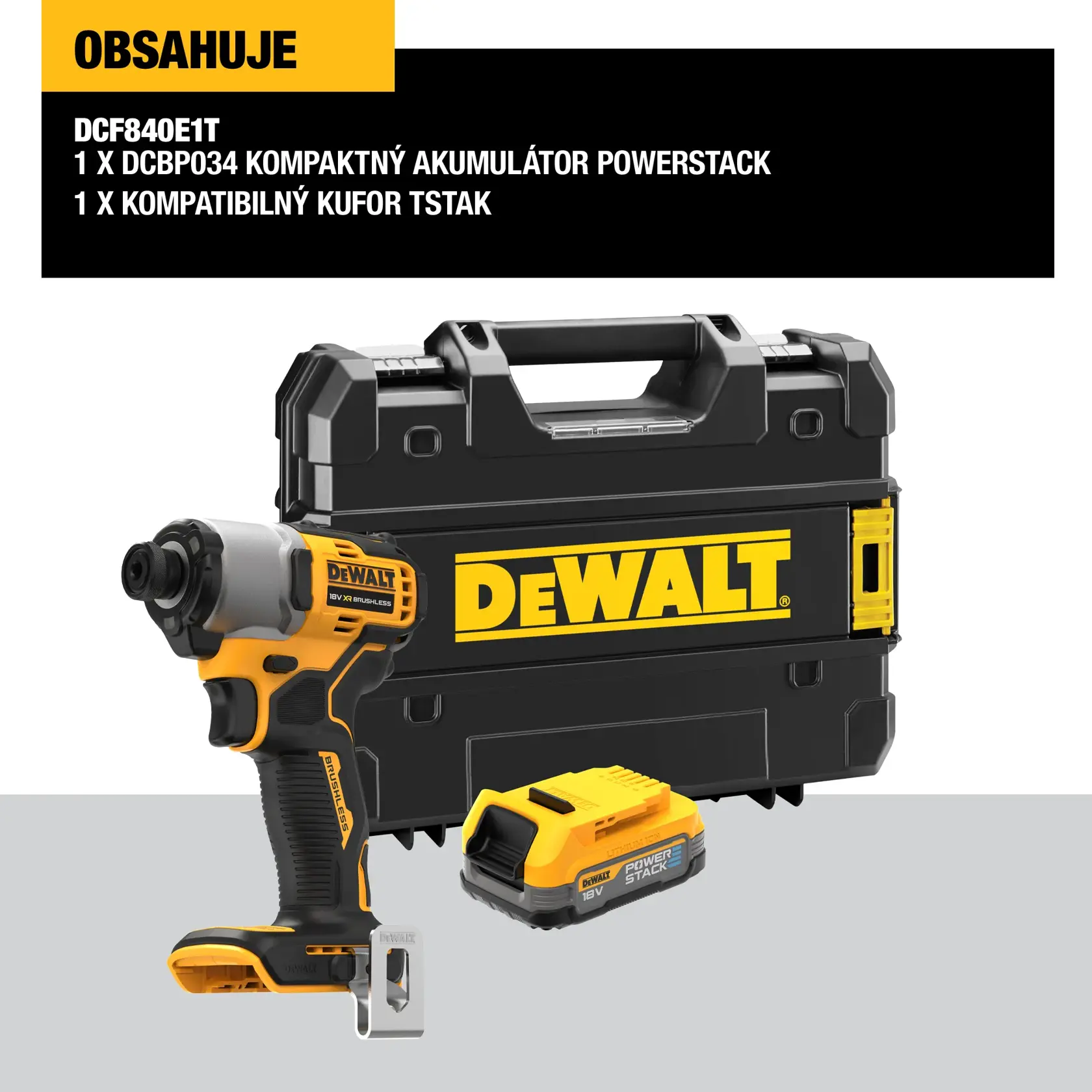 A worker wearing safety gloves, a high-visibility vest, and a helmet is using a yellow DEWALT cordless impact driver (model DCF840E1T) to drill into a concrete wall at a construction site.