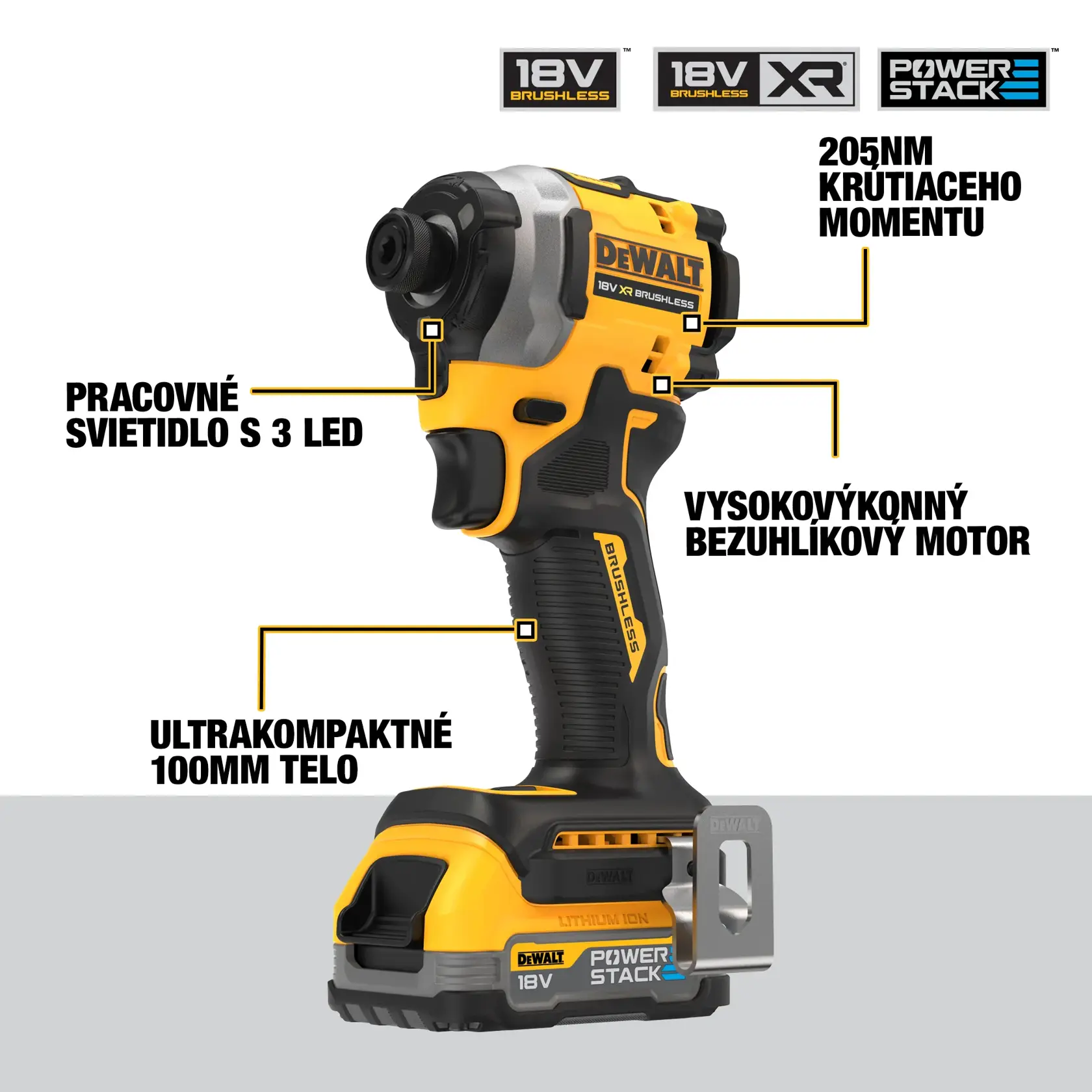 Avvitatore a impulsi DEWALT 18V XR Brushless con batteria POWERSTACK. L'immagine evidenzia le caratteristiche chiave: 205 Nm di coppia, motore brushless ad alte prestazioni, corpo ultra compatto da 100 mm e faro da lavoro a 3 LED.