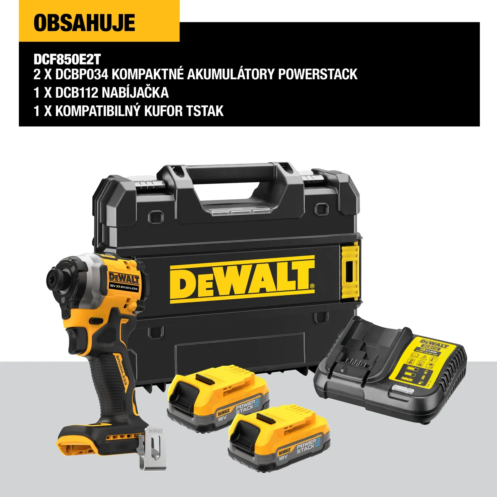 Kit DEWALT DCF850E2T che include elettro utensile senza fili, due batterie compatte POWERSTACK 18V, caricabatterie e valigia nera DEWALT TSTAK, tutti visualizzati insieme.