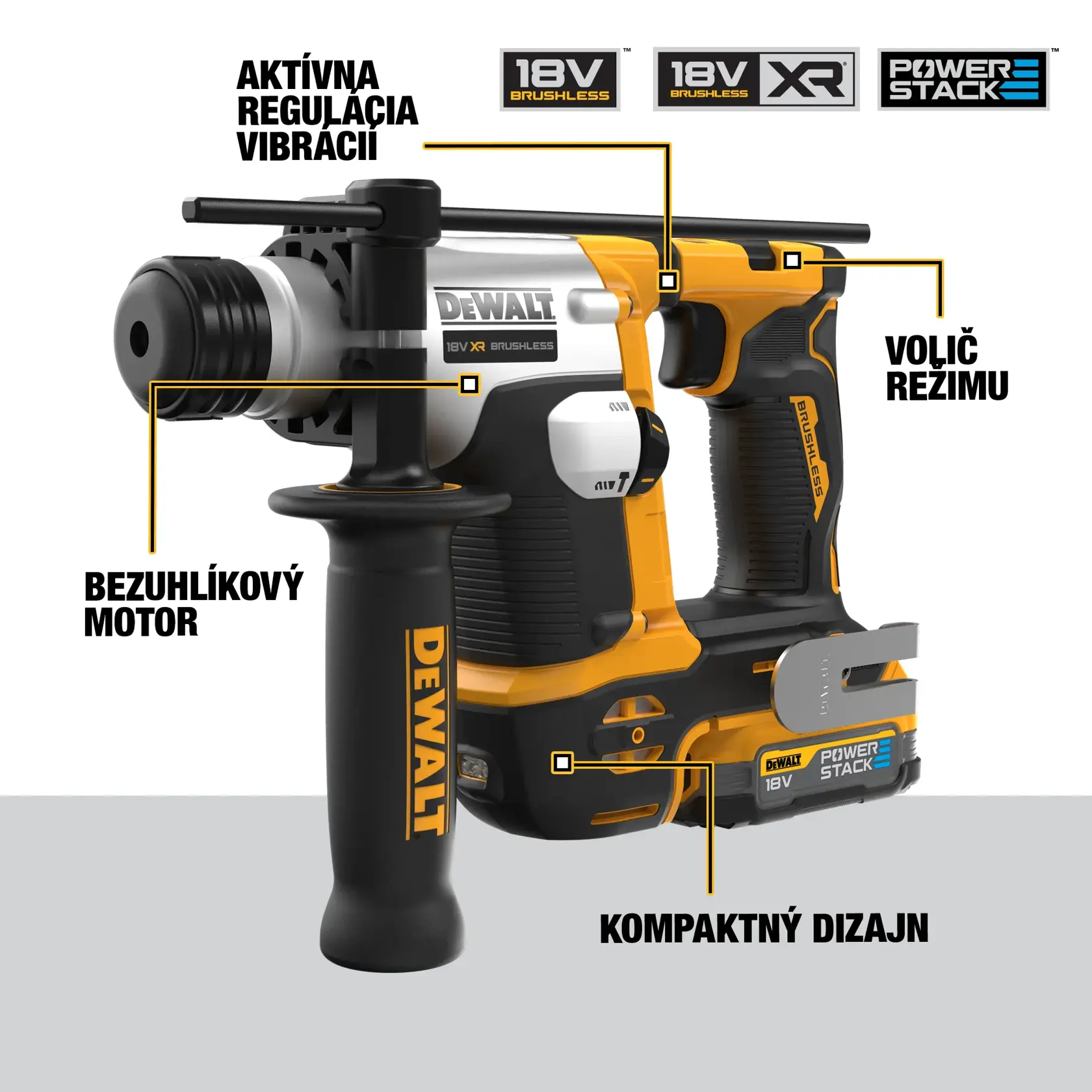 A person wearing a safety helmet and high-visibility vest is using a DEWALT cordless rotary hammer drill to bore into a wall, with dust extraction equipment attached. The drill is labeled with XR and Power Stack branding.