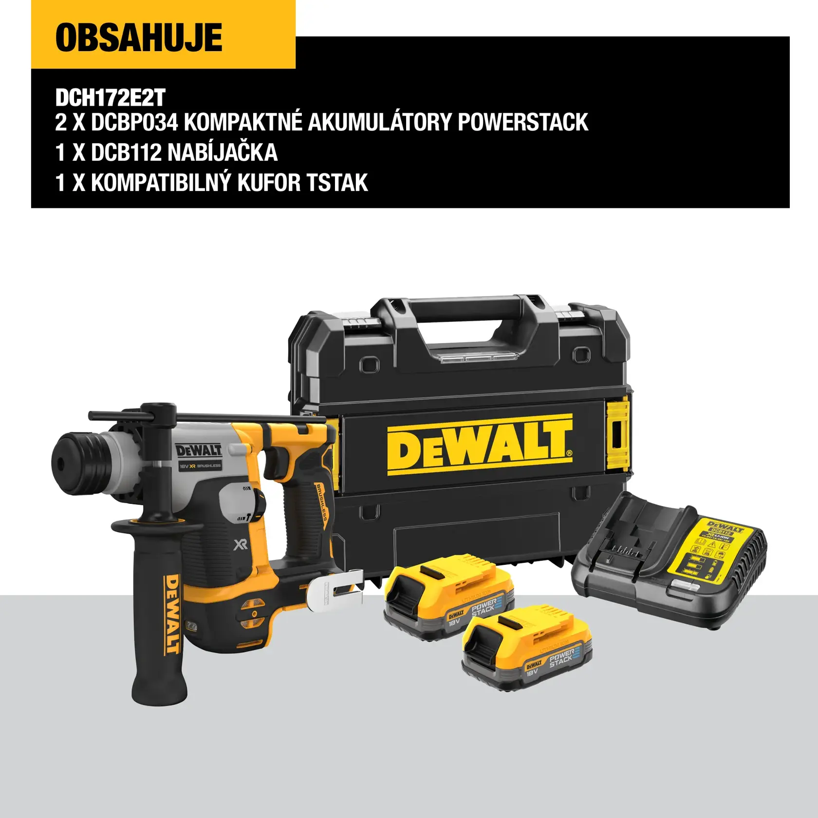 A construction worker is using a DEWALT cordless rotary hammer drill (model DCH172E2T) with dust extraction on a building site, drilling into the ground while kneeling on one knee.