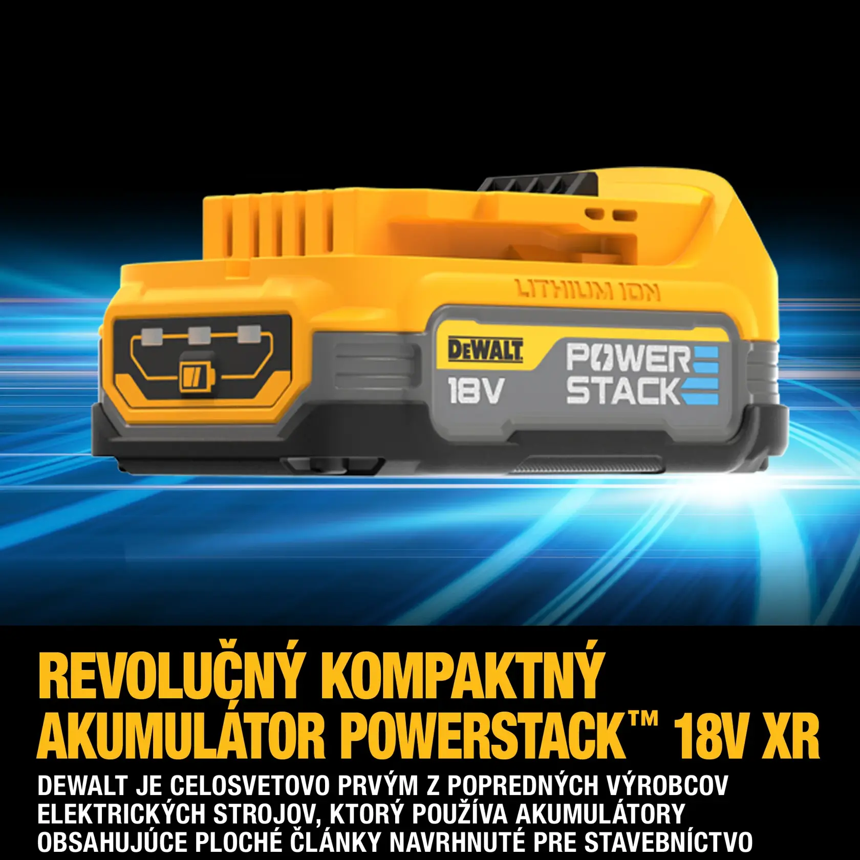 Close-up of a person wearing work gloves holding a DEWALT 18V XR brushless power tool with a Power Stack battery in a workshop or construction environment.