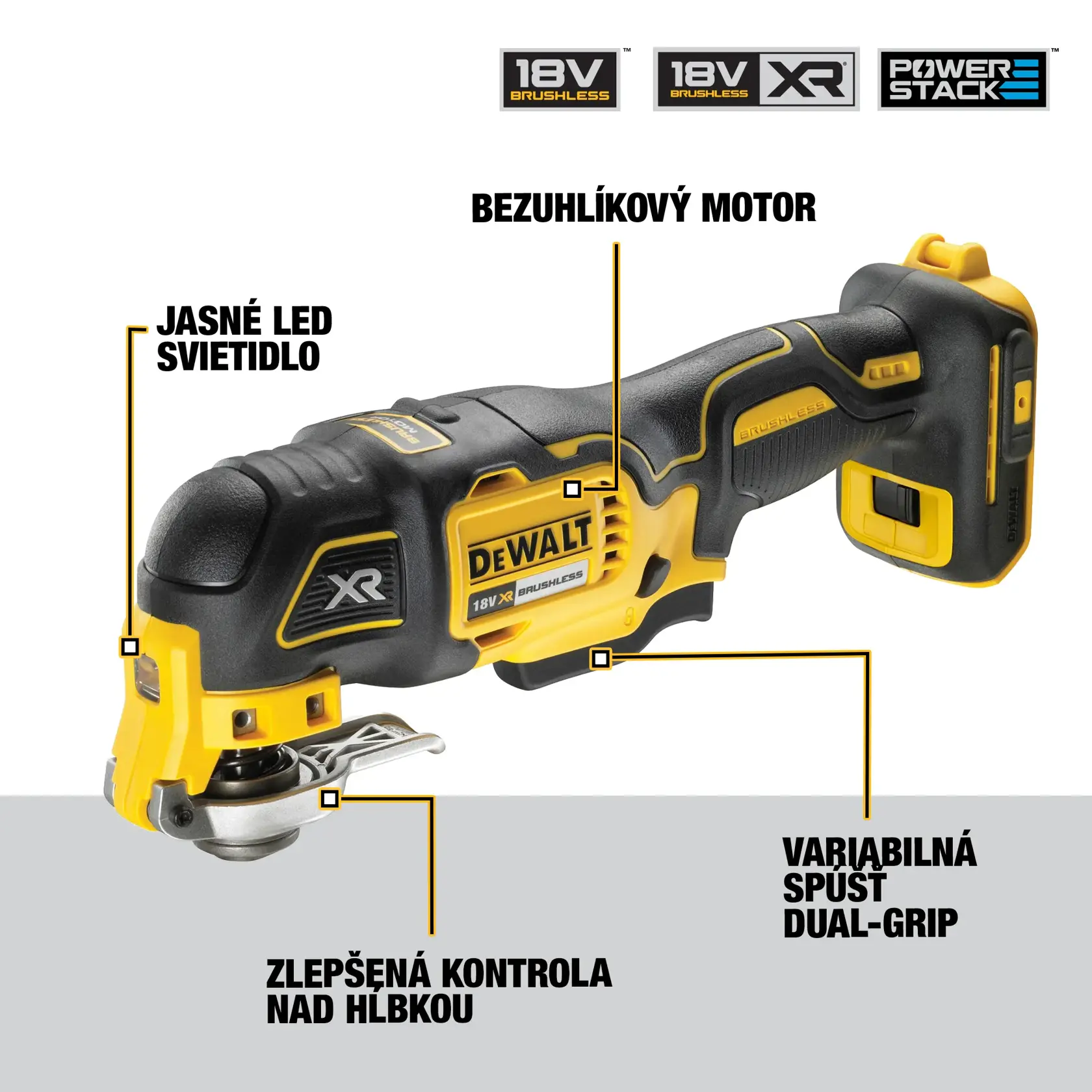 DEWALT 18V XR Powerstack brushless oscillating tool with ergonomic handle, LED light, and depth control. The image highlights features such as dual variable-speed handle, brushless motor, bright LED light, and enhanced depth control.