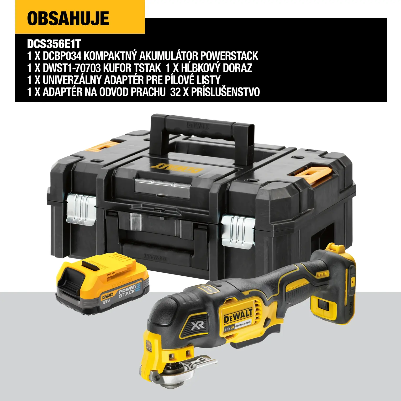 Set of DEWALT DCS356E1T oscillating multi-tool with accessories, including a Powerstack battery, a TSTAK kitbox, and multiple adapters. The image shows the multi-tool, the battery, and the storage box.