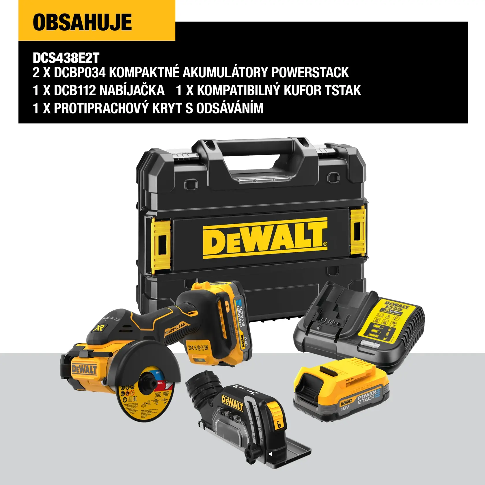 A worker wearing a safety helmet, face shield, mask, high-visibility vest, and DEWALT-branded gloves uses a DEWALT DCS438E2T cordless tool to cut through concrete at a construction site.