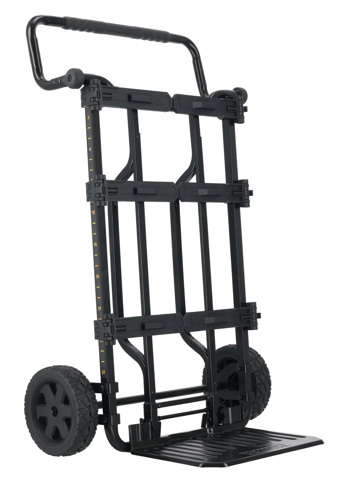 A black DEWALT folding hand trolley with large rugged wheels and a sturdy handle, designed for transporting heavy items. The frame features measurement markings and a foldable platform.