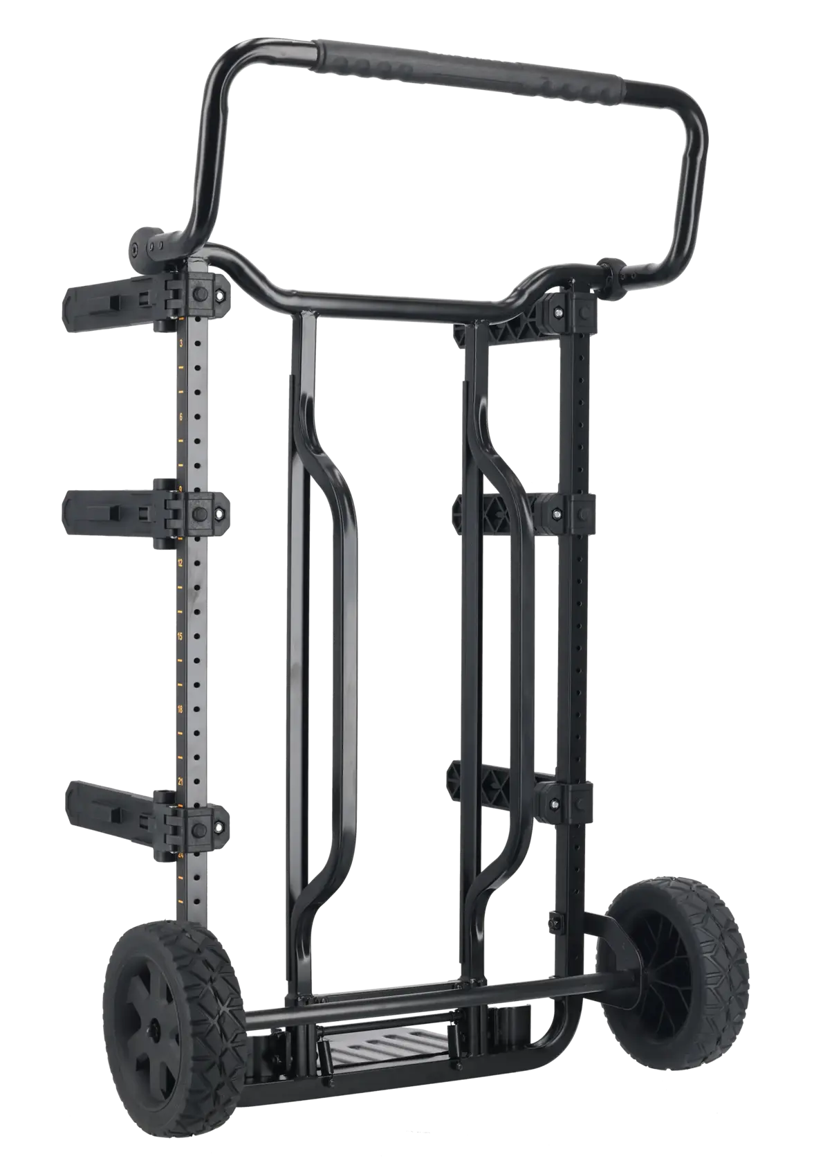 A black DEWALT folding hand truck with two large wheels and multiple adjustable brackets, designed for transporting heavy items.