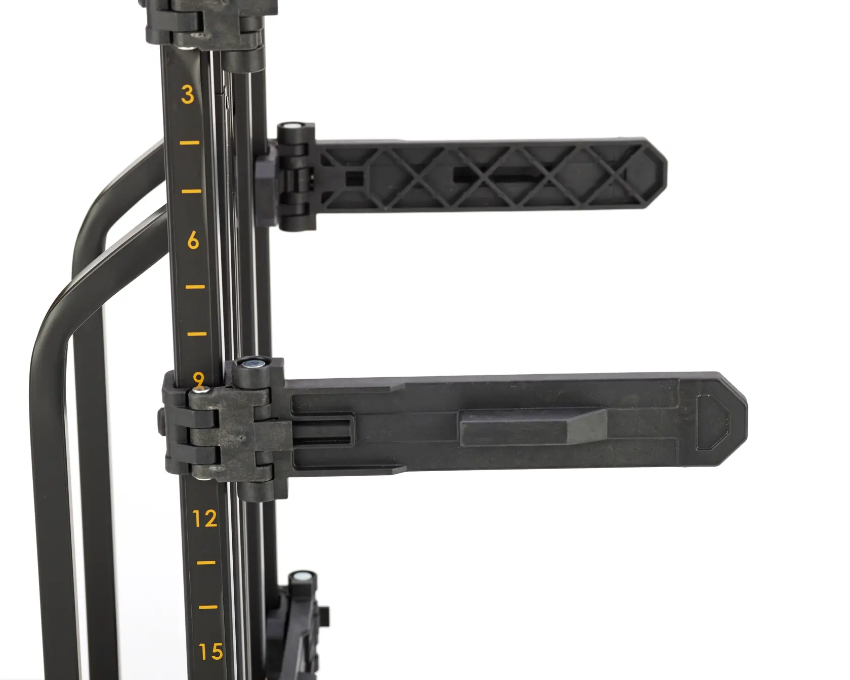 Close-up of a DEWALT adjustable support arm with measurement markings on a vertical metal frame, used for holding tools or materials.