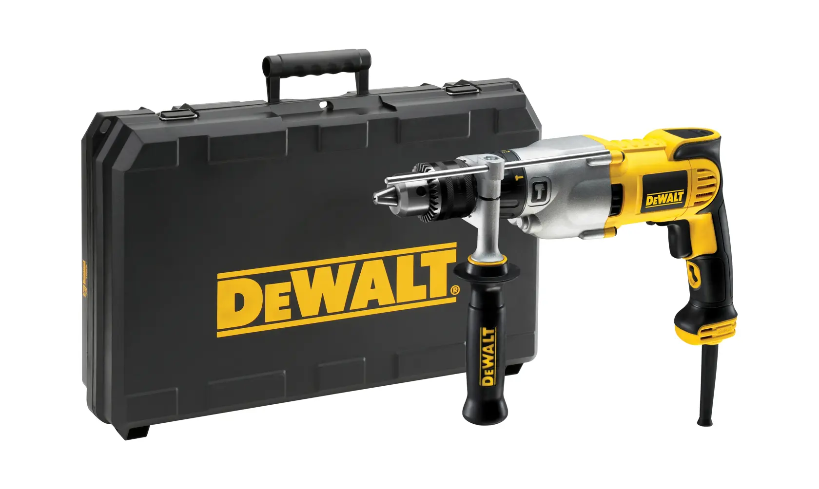 Trapano DEWALT con impugnatura laterale, vicino a valigetta nera con logo DEWALT giallo.