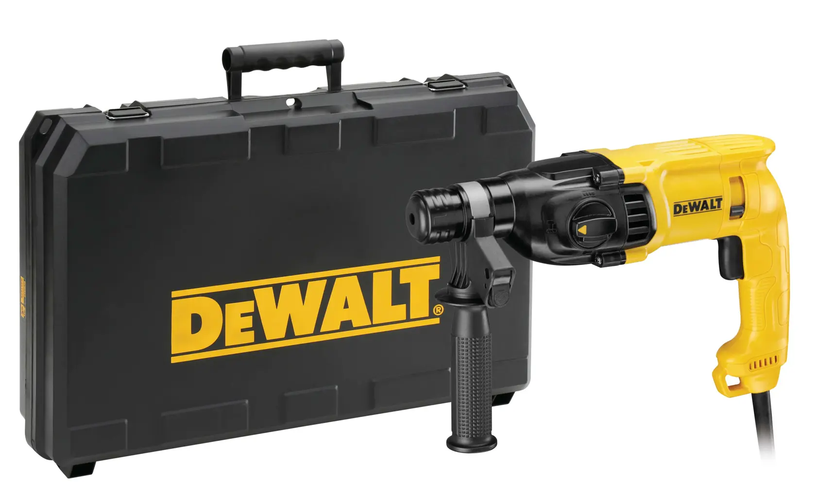 Un martillo rotativo DEWALT amarillo y negro, mostrado junto a un estuche de transporte negro con el logotipo DEWALT en amarillo.