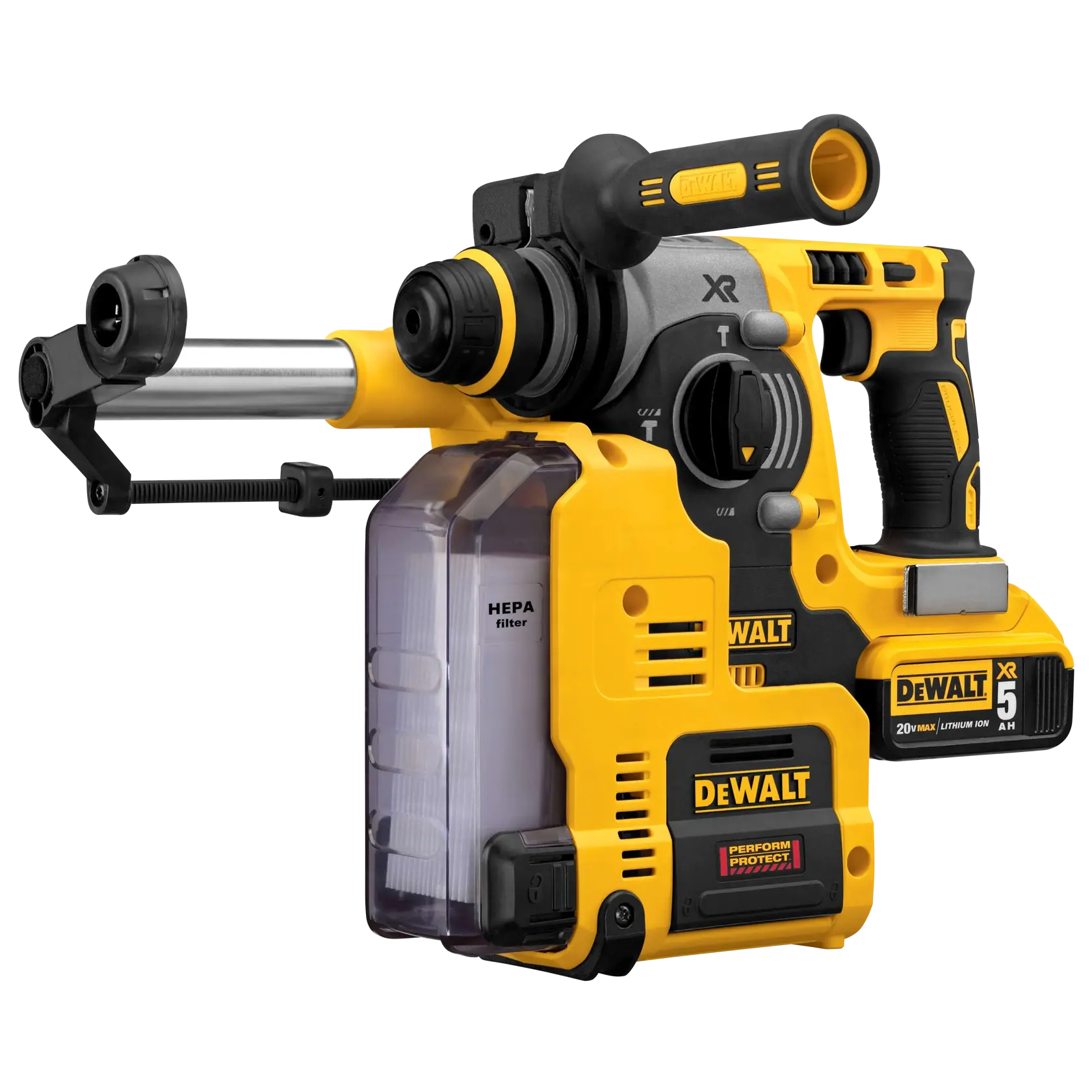 A yellow and black DEWALT cordless rotary hammer drill with a HEPA filter dust extraction system, 20V lithium-ion battery, and ergonomic handle.