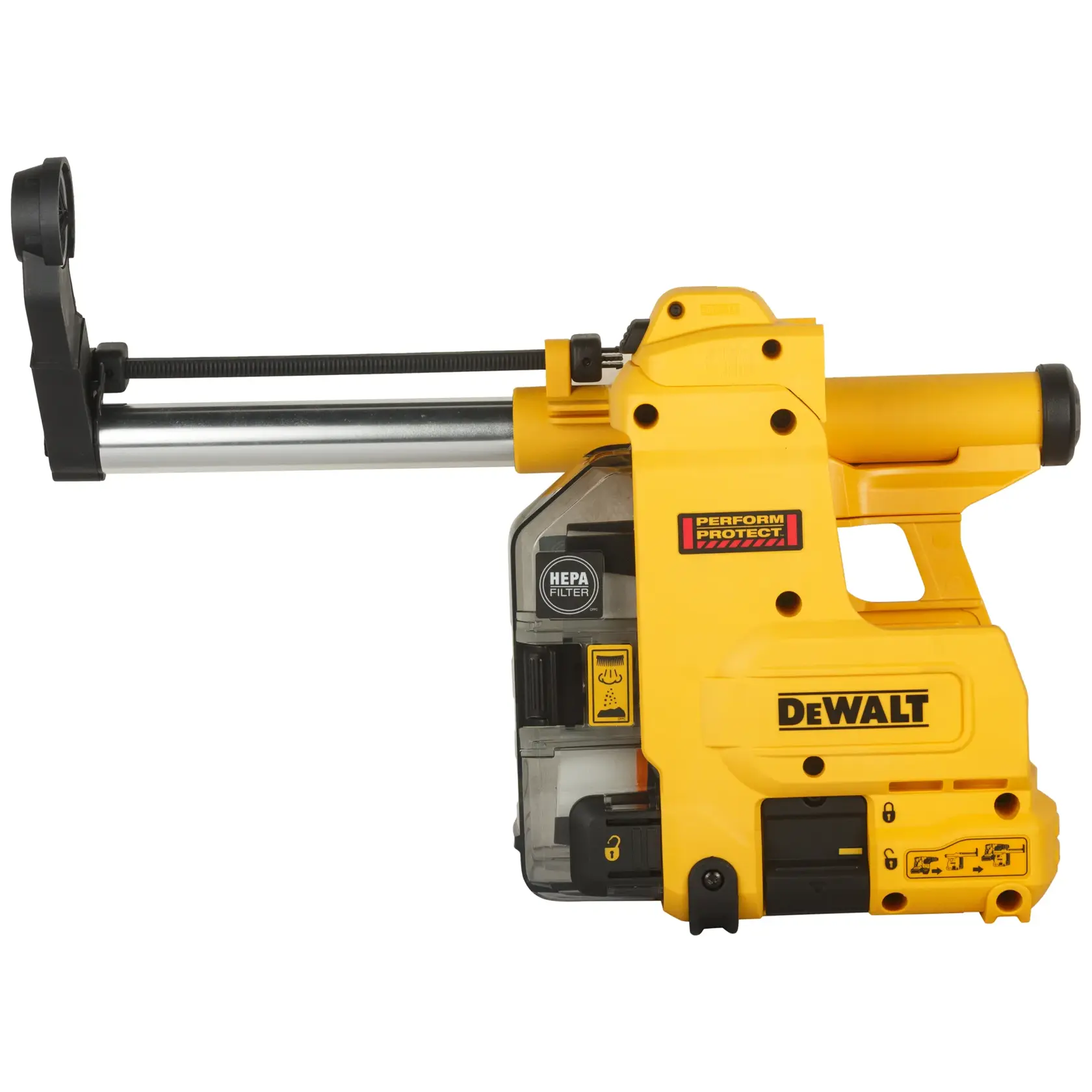 Yellow DEWALT D25304DH dust extractor attachment for drills with HEPA filter, designed for efficient dust collection.