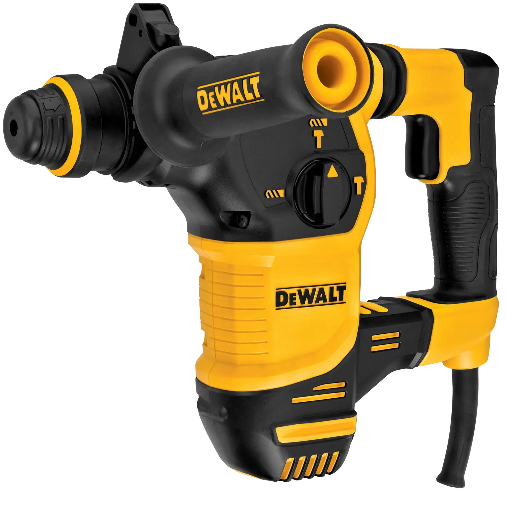 A DEWALT branded rotary hammer drill with a yellow and black body, featuring a side handle and a settings dial for different functions.
