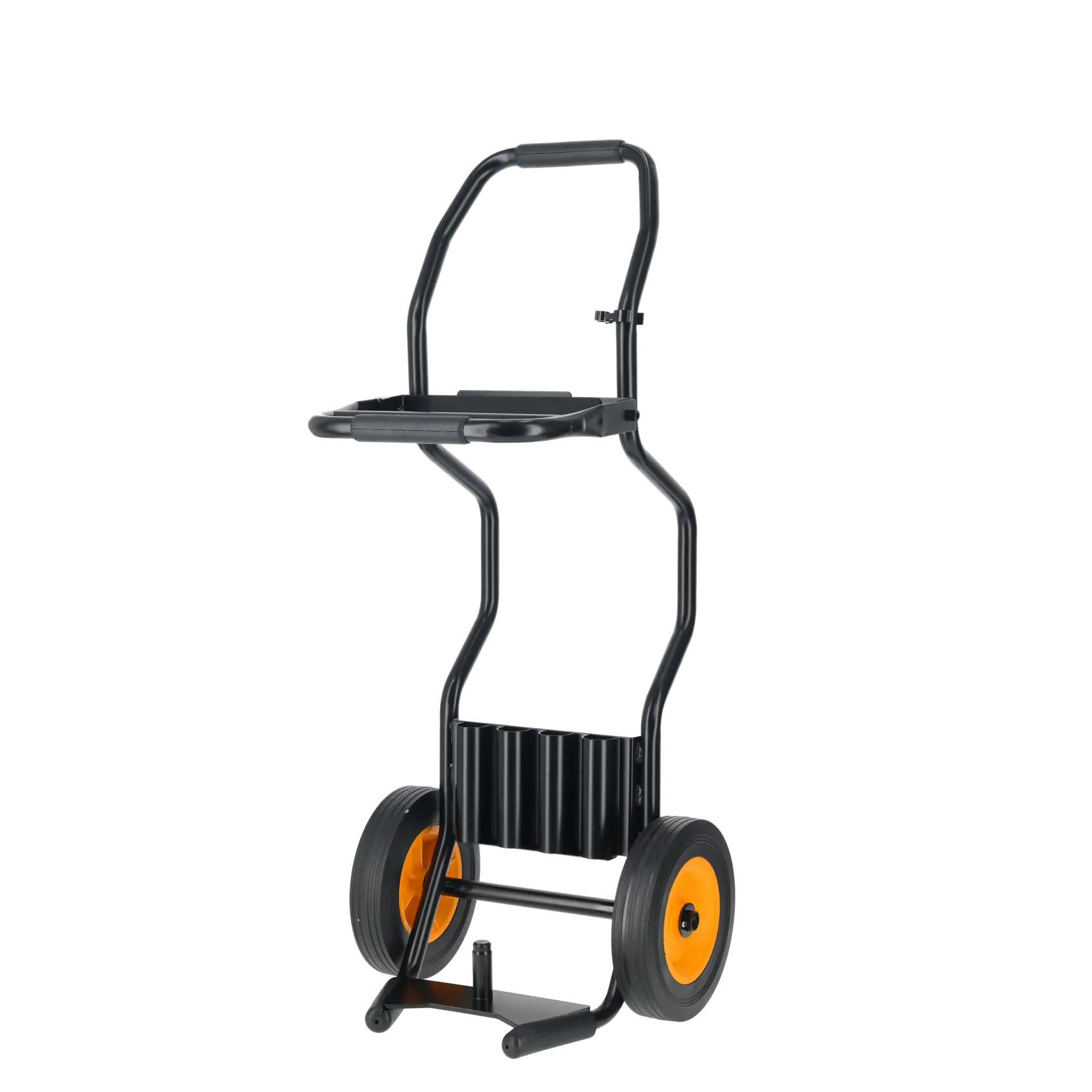 Black DEWALT utility cart with two orange wheels, sturdy handle and platform for carrying equipment.