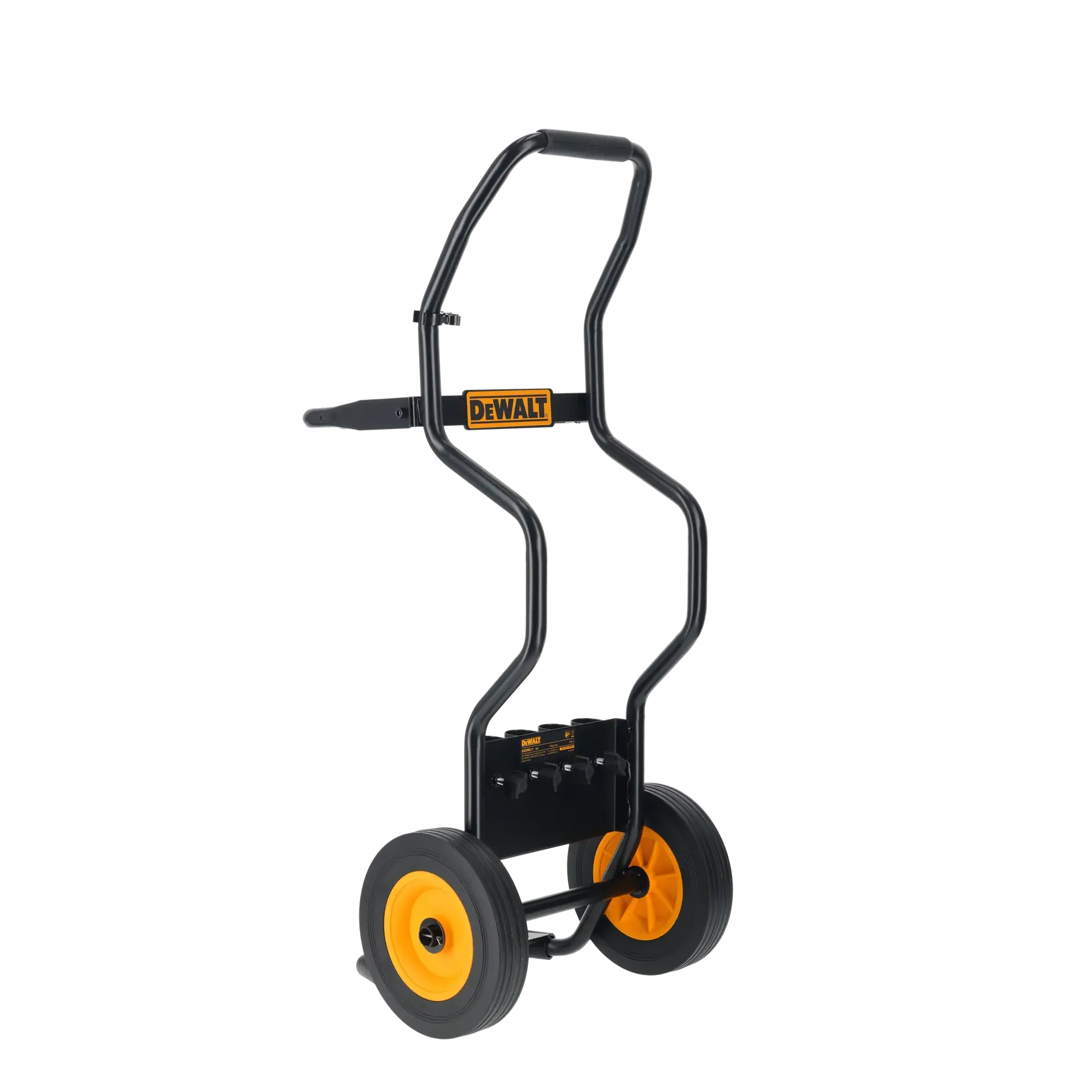 DEWALT black and yellow dolly cart with sturdy frame and wheels for transporting heavy tools.
