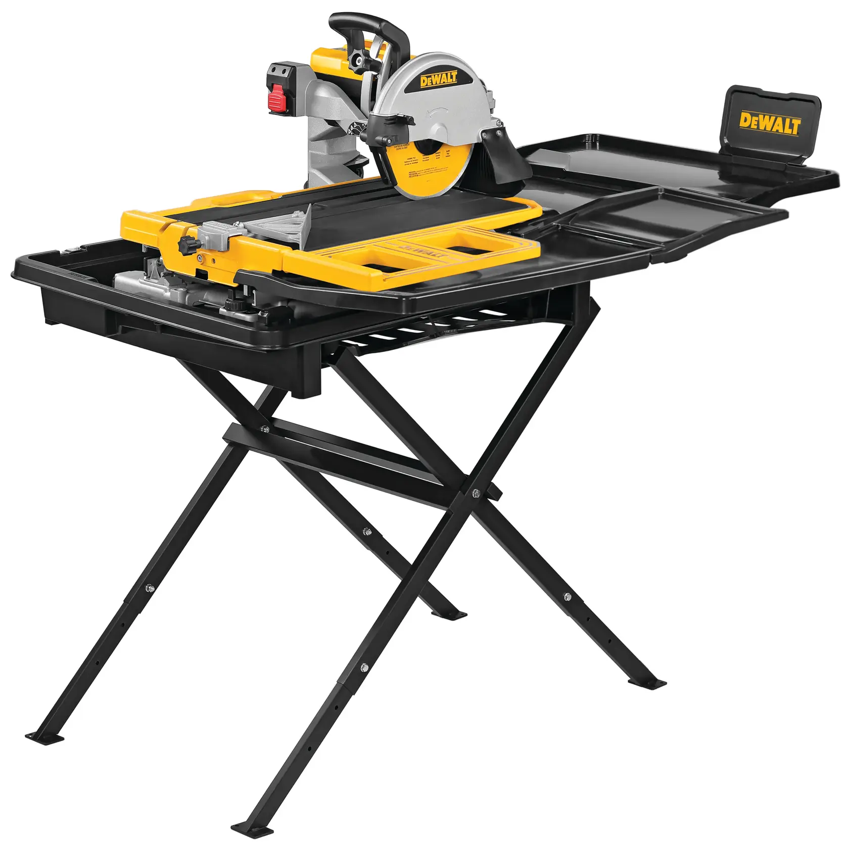 A DEWALT branded tile saw with a yellow and black design, mounted on a foldable stand. The saw features a circular cutting blade and a spacious work surface with water trays for cooling. It is designed for professional cutting of tiles.