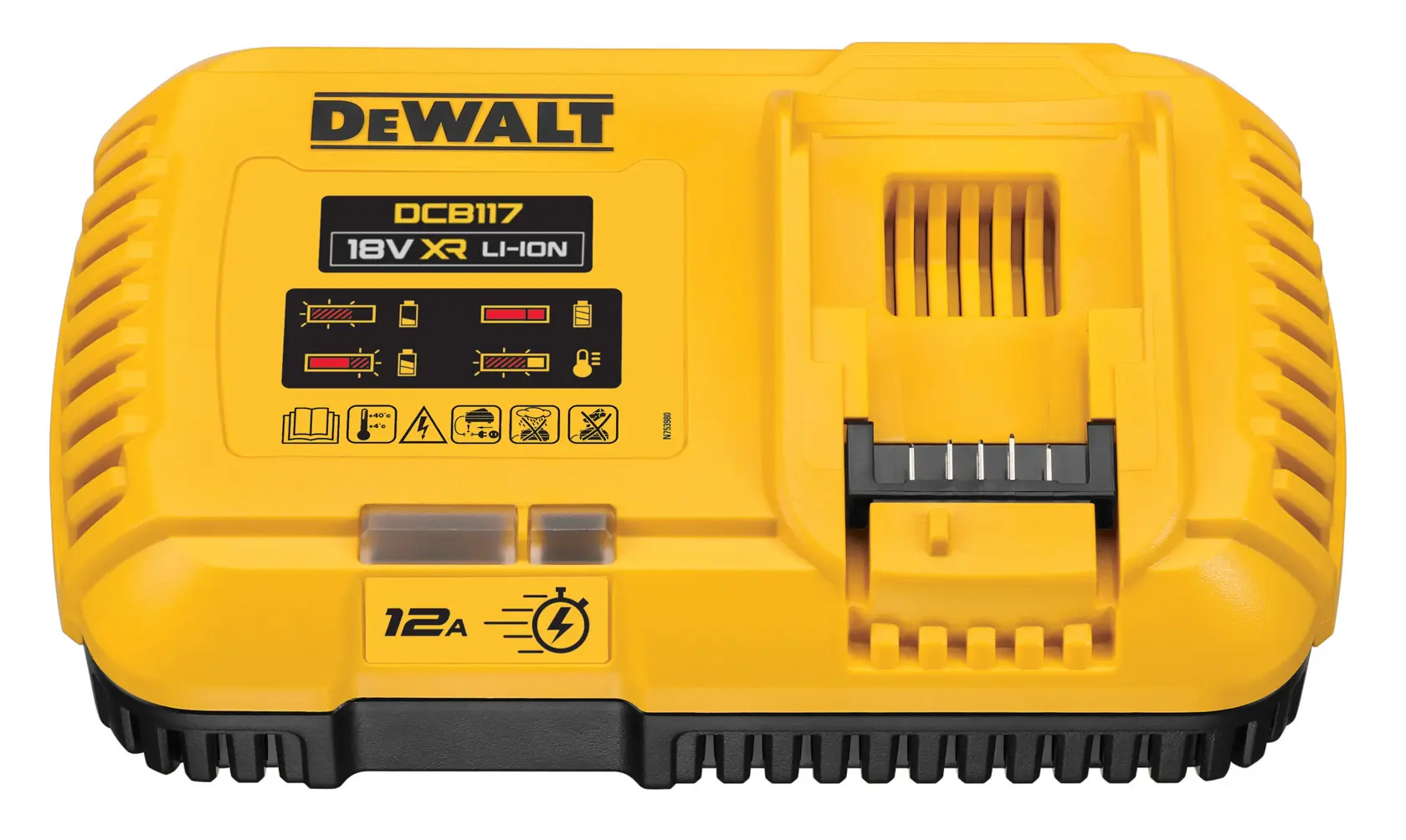 A yellow DEWALT DCB117 18V XR Li-Ion battery charger with black accents and detailed instructions printed on top.