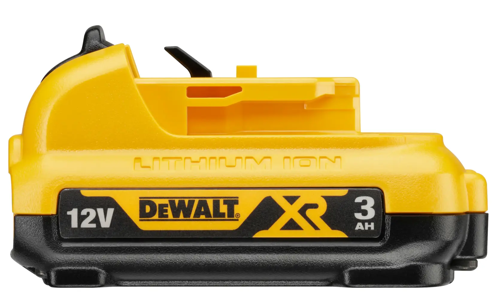 DEWALT 12V XR 3Ah lithium-ion battery, yellow and black, close-up front view.