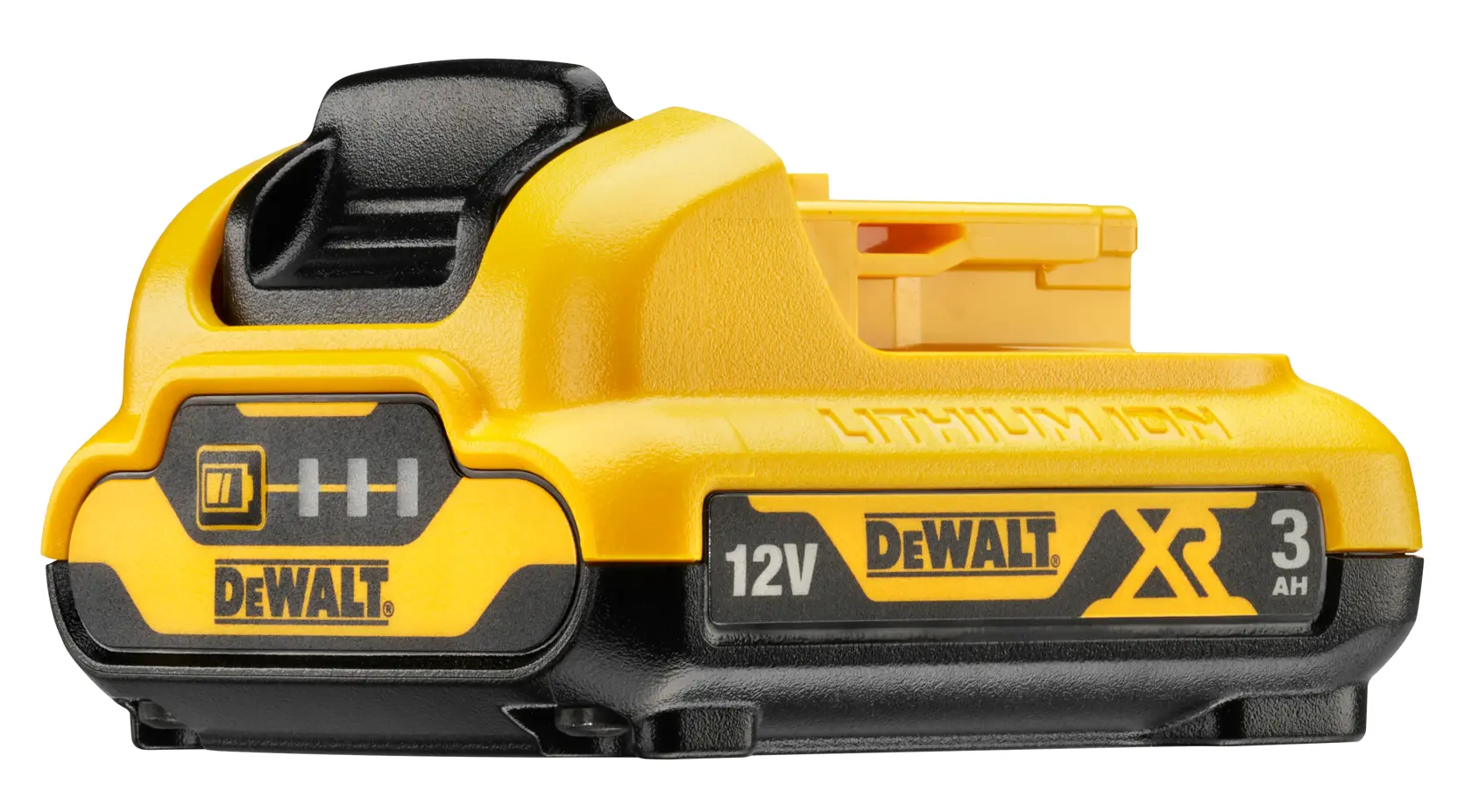 DEWALT 12V XR 3Ah lithium-ion battery, yellow and black, shown on white background.