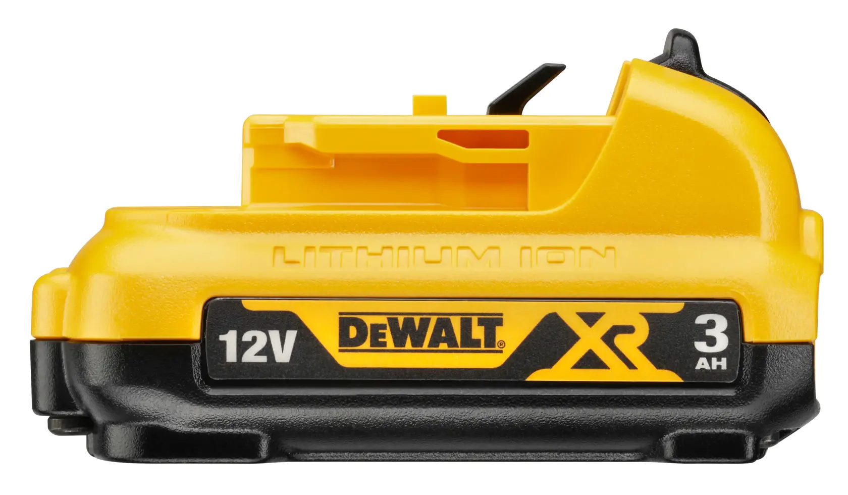 DEWALT 12V XR 3Ah lithium-ion battery in yellow and black, side view, tool accessory.