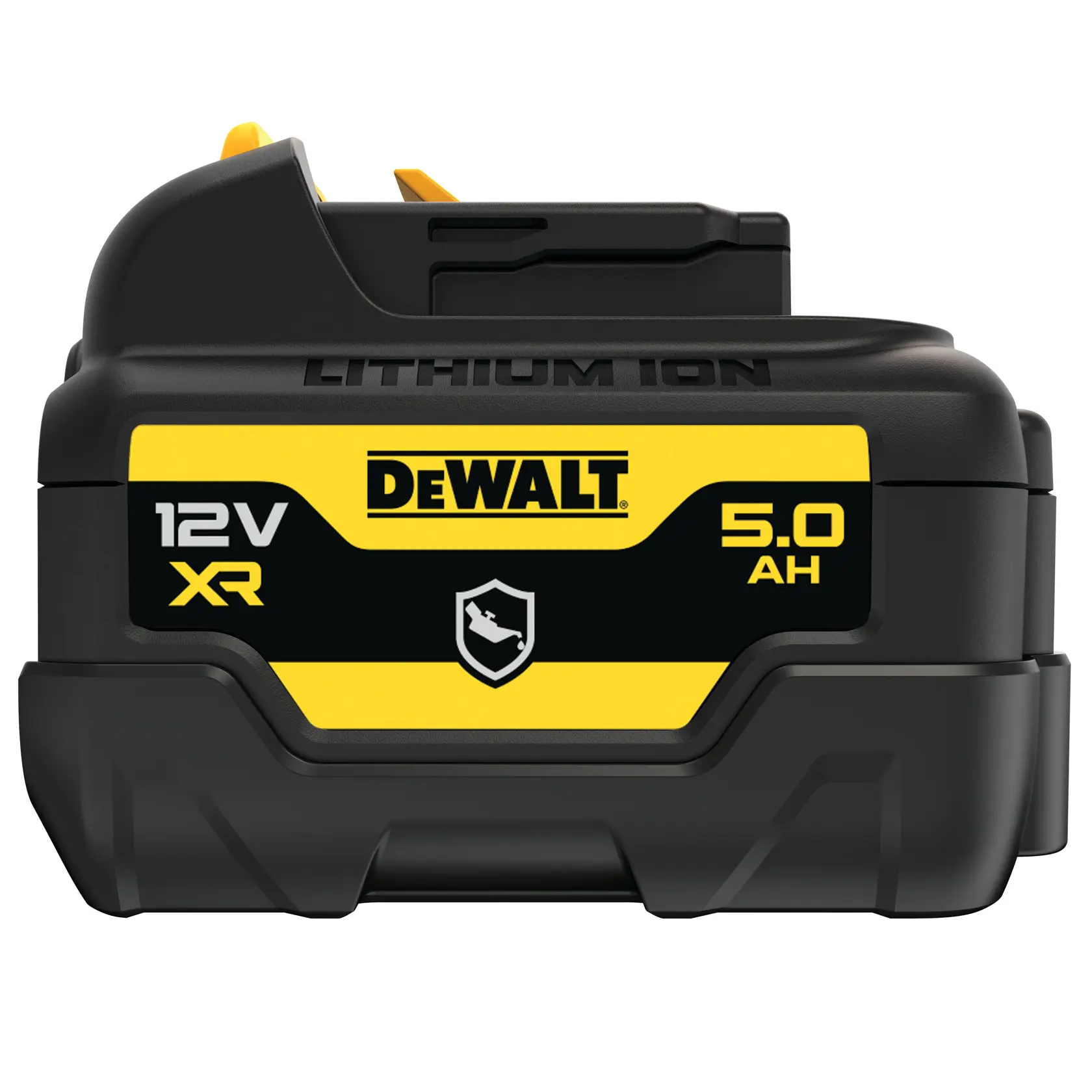 Front view of a DEWALT 12V XR 5.0Ah lithium-ion battery pack, black and yellow with DEWALT logo and specifications on the label.