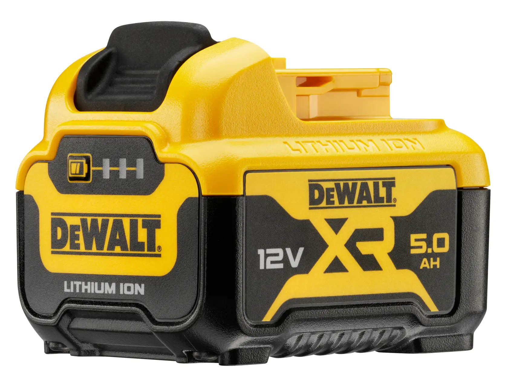 Batteria DeWalt XR 12V al litio, capacità 5,0Ah, gialla e nera, design compatto per utensili senza fili.