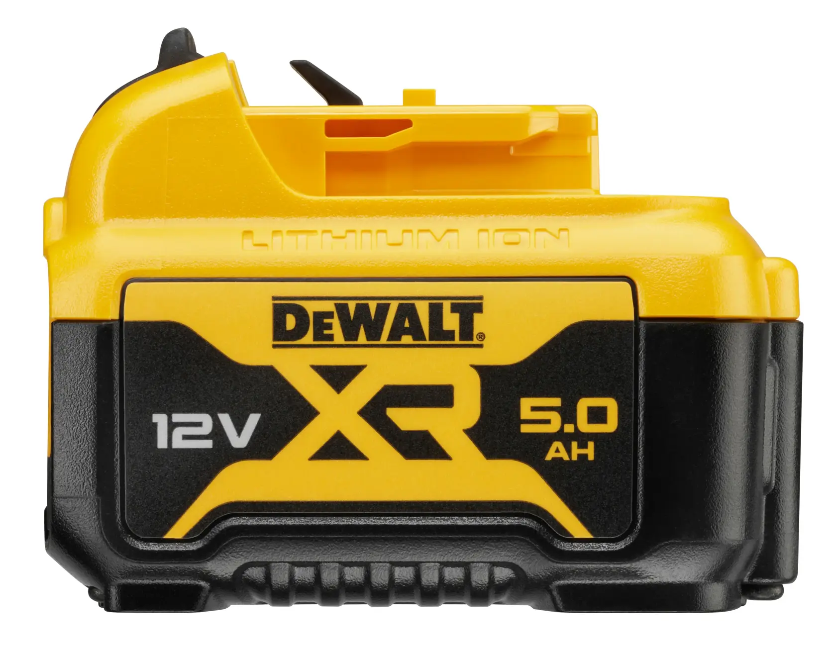 Batteria DEWALT 12V XR 5.0Ah al litio, gialla e nera, vista laterale ravvicinata.