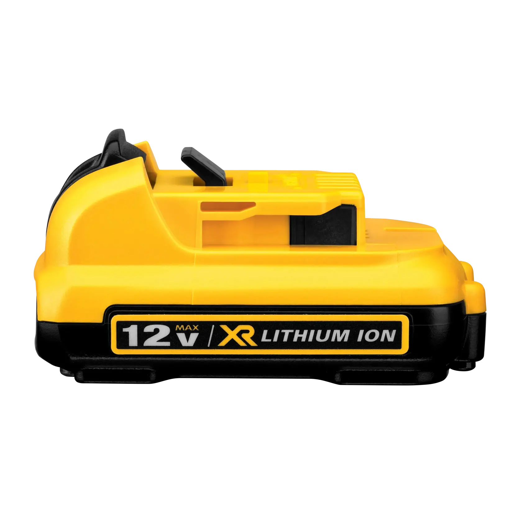 Una batteria DEWALT 12V XR agli ioni di litio, vista lateralmente con un involucro giallo e nero e un'etichetta sul lato.