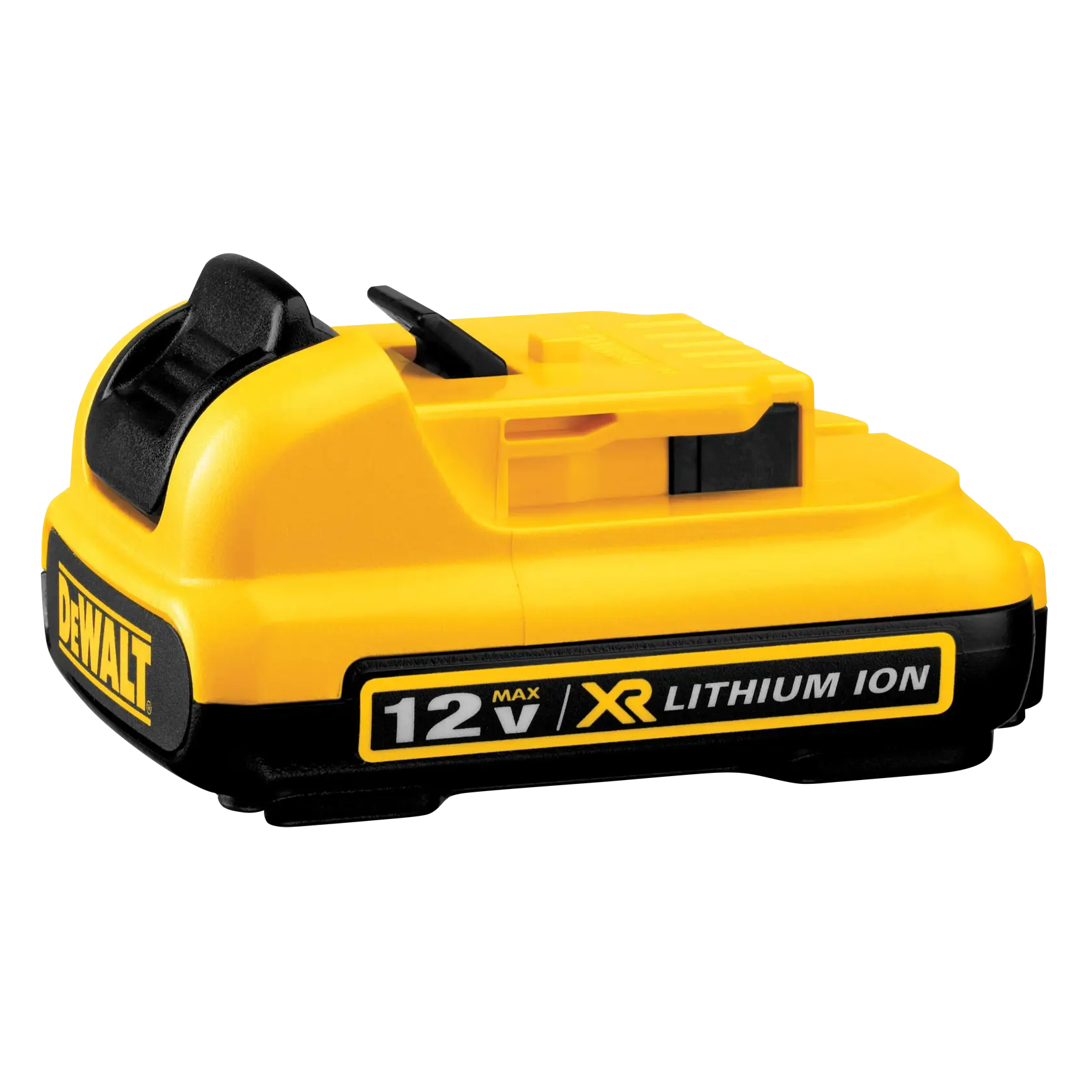Batteria ricaricabile DEWALT 12V XR agli ioni di litio, gialla e nera, progettata per utensili elettrici.