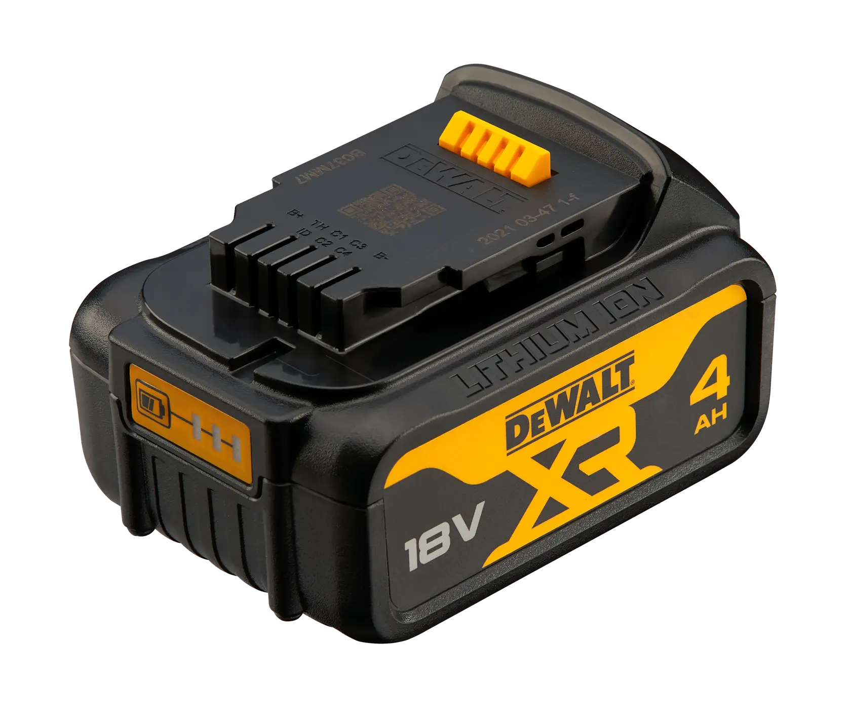 A DEWALT XR 18V 4Ah lithium-ion battery pack, primarily black with yellow accents, designed for power tools.