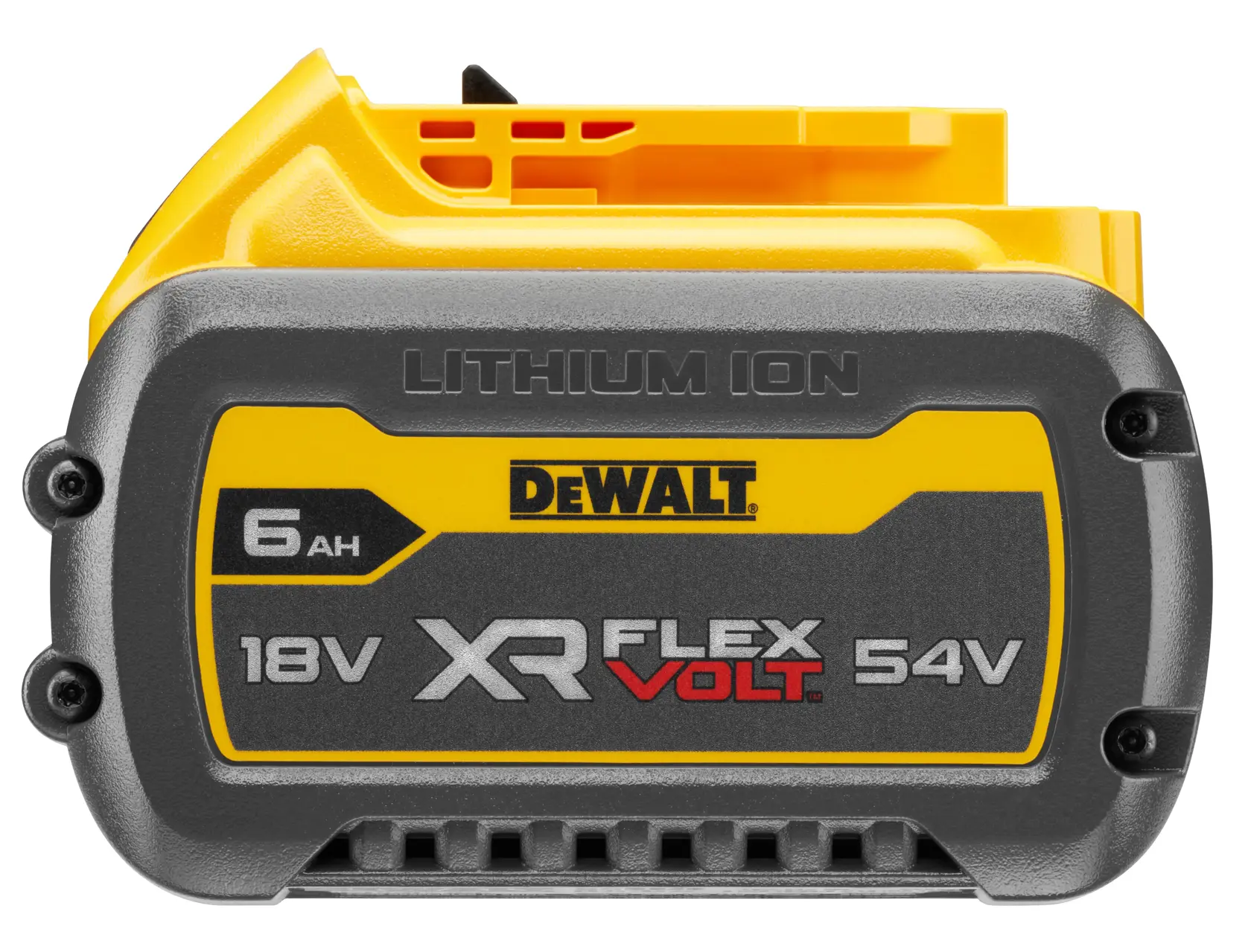 Front view of a DEWALT XR FLEXVOLT Lithium Ion rechargeable battery, labeled with 6.0Ah, 18V, and 54V.