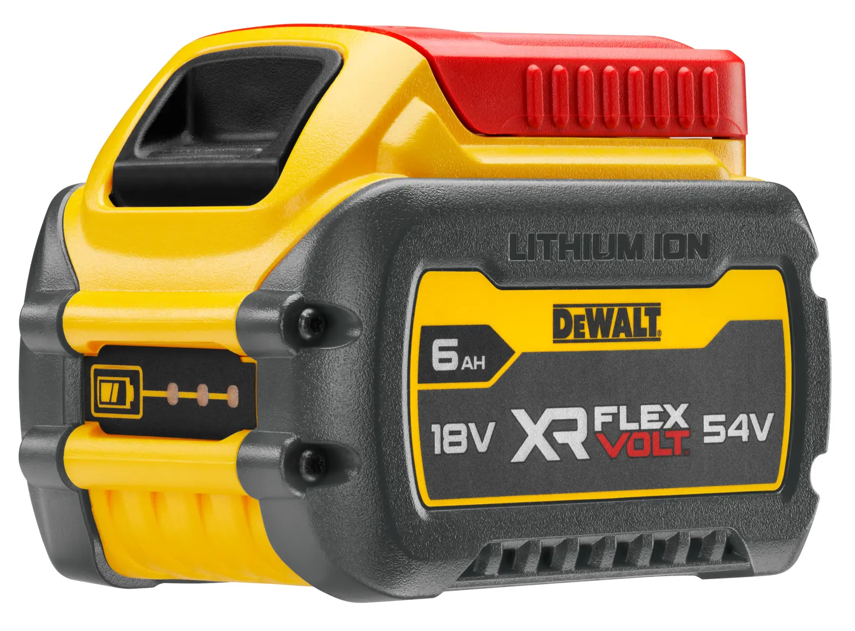 DEWALT XR FlexVolt 18V/54V Lithium Ion 6Ah rechargeable battery with yellow, black, and red casing, featuring DEWALT branding and battery status indicator.