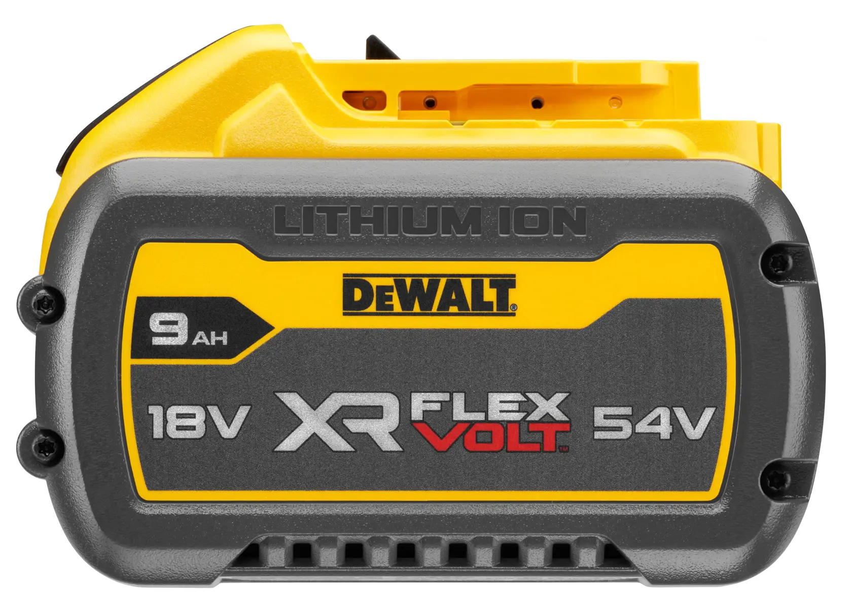 Batteria al litio DEWALT XR FLEXVOLT, modello DCB547, con specifiche: 9Ah, 18V/54V. La batteria ha una custodia gialla e nera ed è progettata per utensili elettrici.