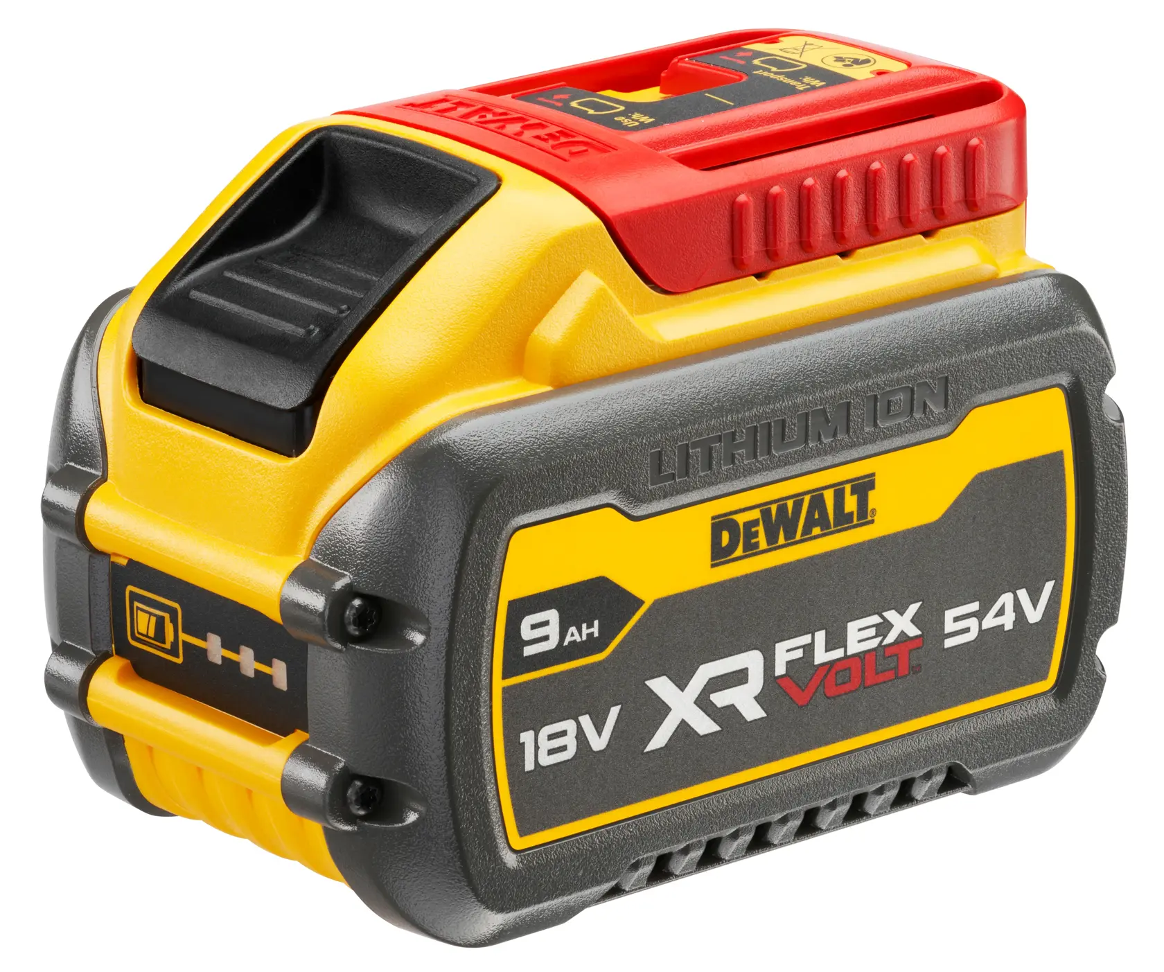 Una batteria DEWALT DCB547 XR FLEXVOLT agli ioni di litio, 18V/54V con capacità di 9Ah, nei colori giallo, nero e rosso. La batteria è progettata per l'uso con utensili DEWALT compatibili.