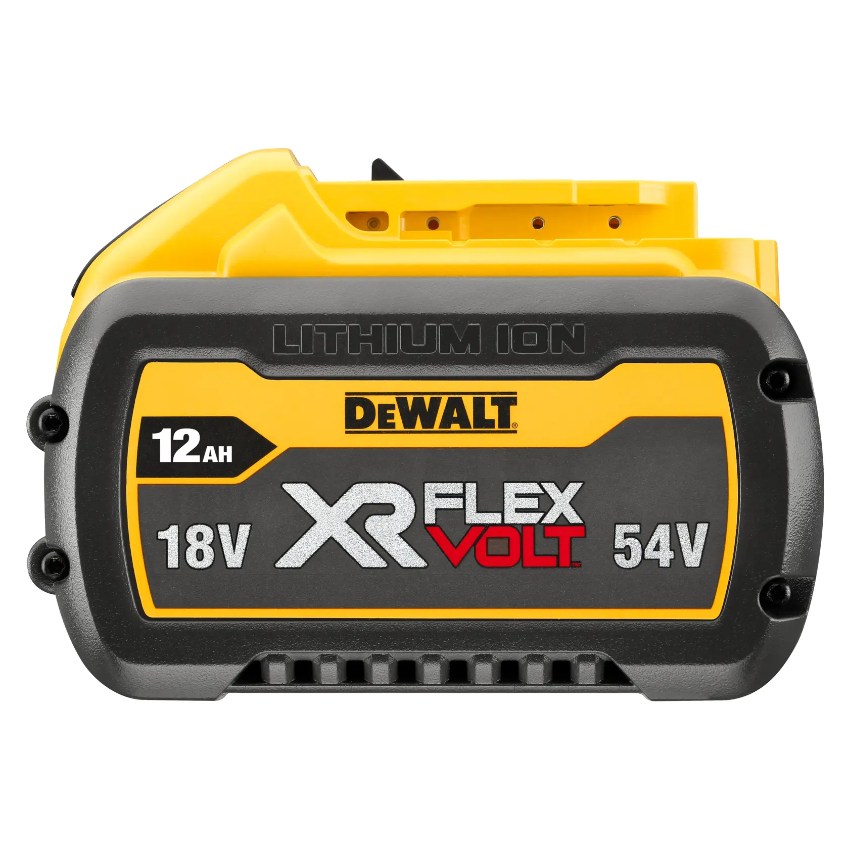 Front view of a DEWALT XR FLEXVOLT lithium ion battery, showing 12 Ah capacity and compatibility with 18V and 54V tools.