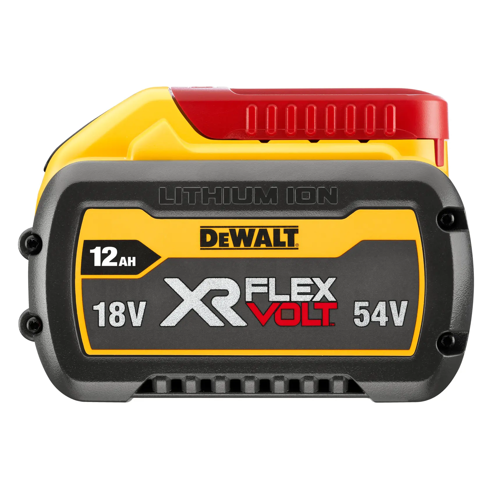 A DEWALT XR FlexVolt lithium-ion battery pack with a yellow and black design, showing specifications of 12Ah, 18V, and 54V.