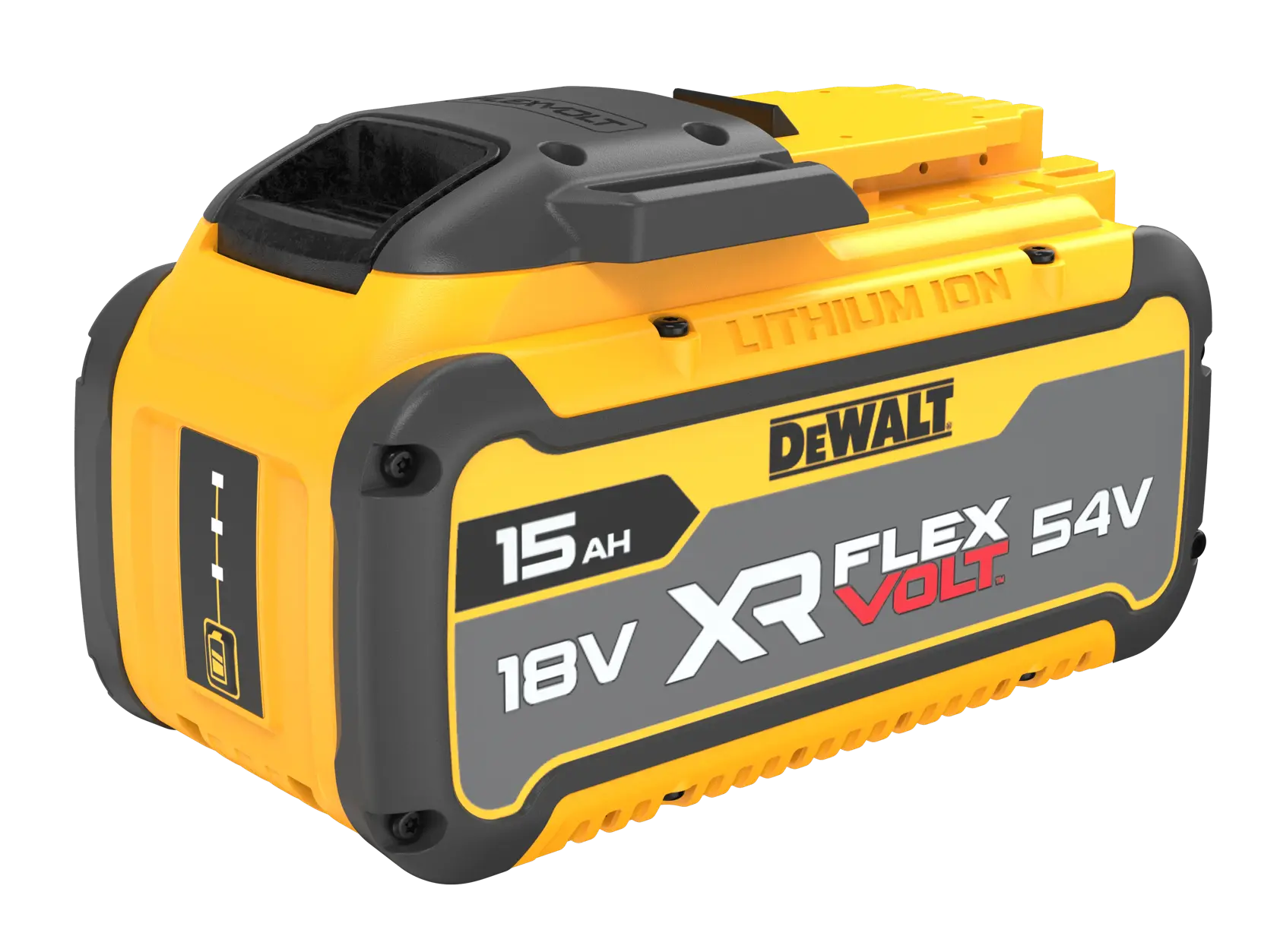 DEWALT XR FLEXVOLT 15Ah lithium-ion battery, 18V/54V, yellow and black power tool accessory.