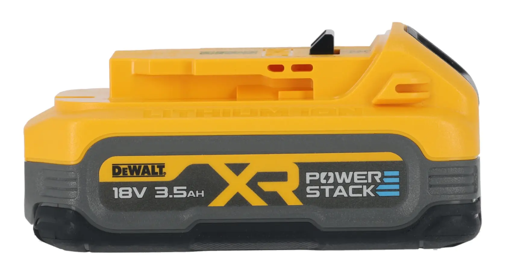 DEWALT XR Powerstack 18V 3.5Ah lithium-ion battery for power tools, yellow and black rectangular design.