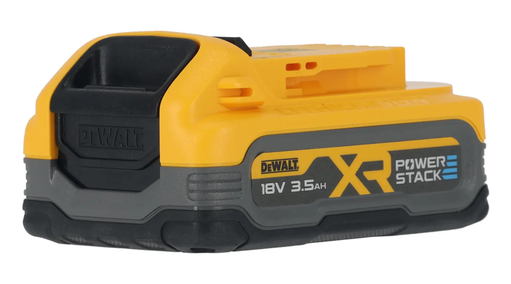 DEWALT 18V XR Powerstack 3.5Ah battery shown with yellow and black casing, side angle view.