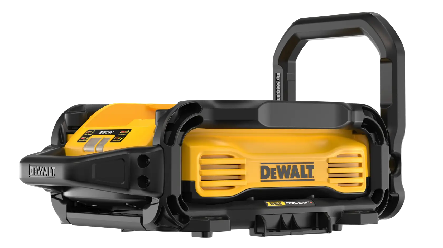 DEWALT yellow and black portable device with handle, shown angled from side. Robust, industrial design.
