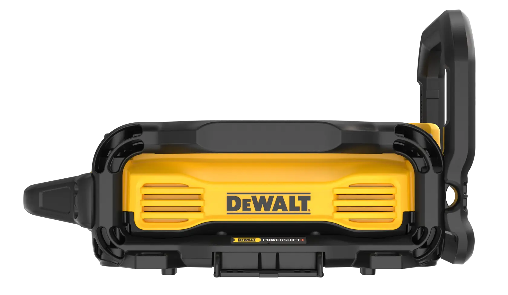 Yellow and black DEWALT camera accessory seen from the front with a handle on the right side.
