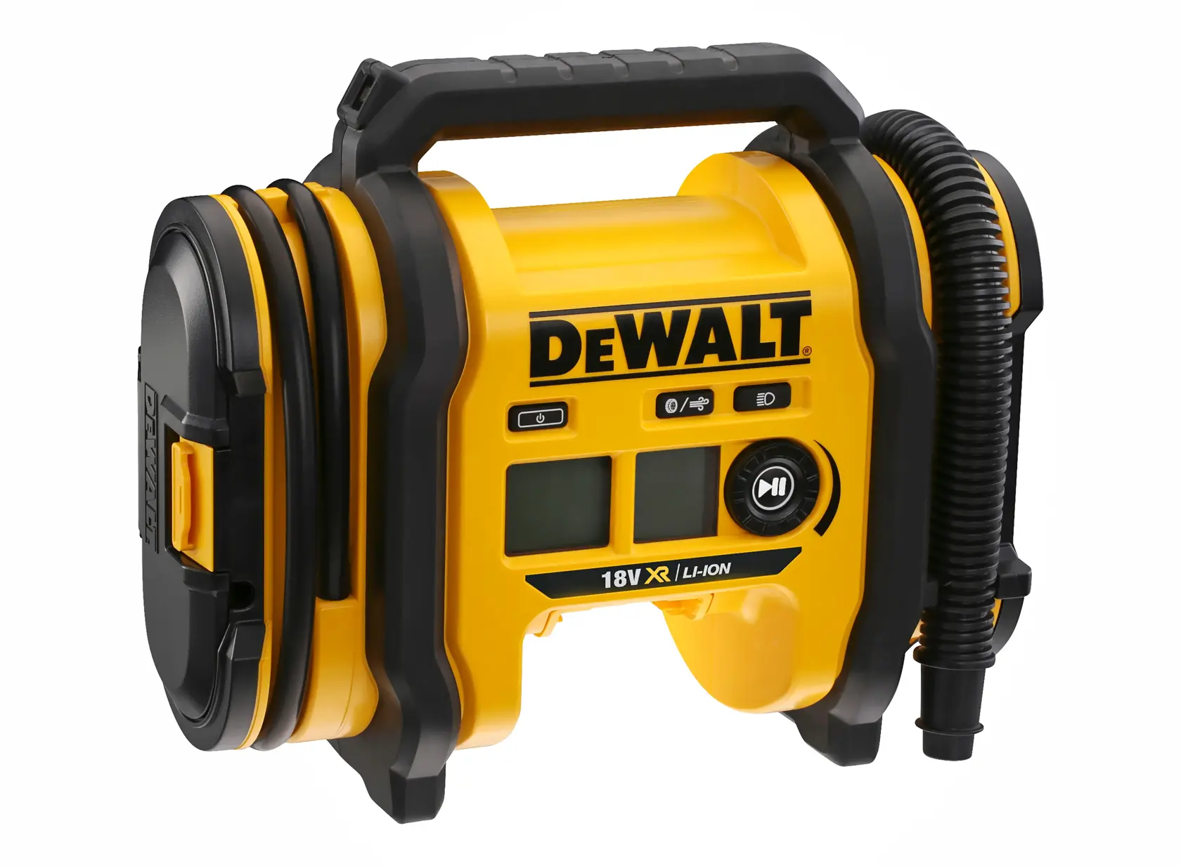 A DEWALT portable 18V XR Li-Ion air compressor with a handle, digital display, and hose attachment, shown against a white background.