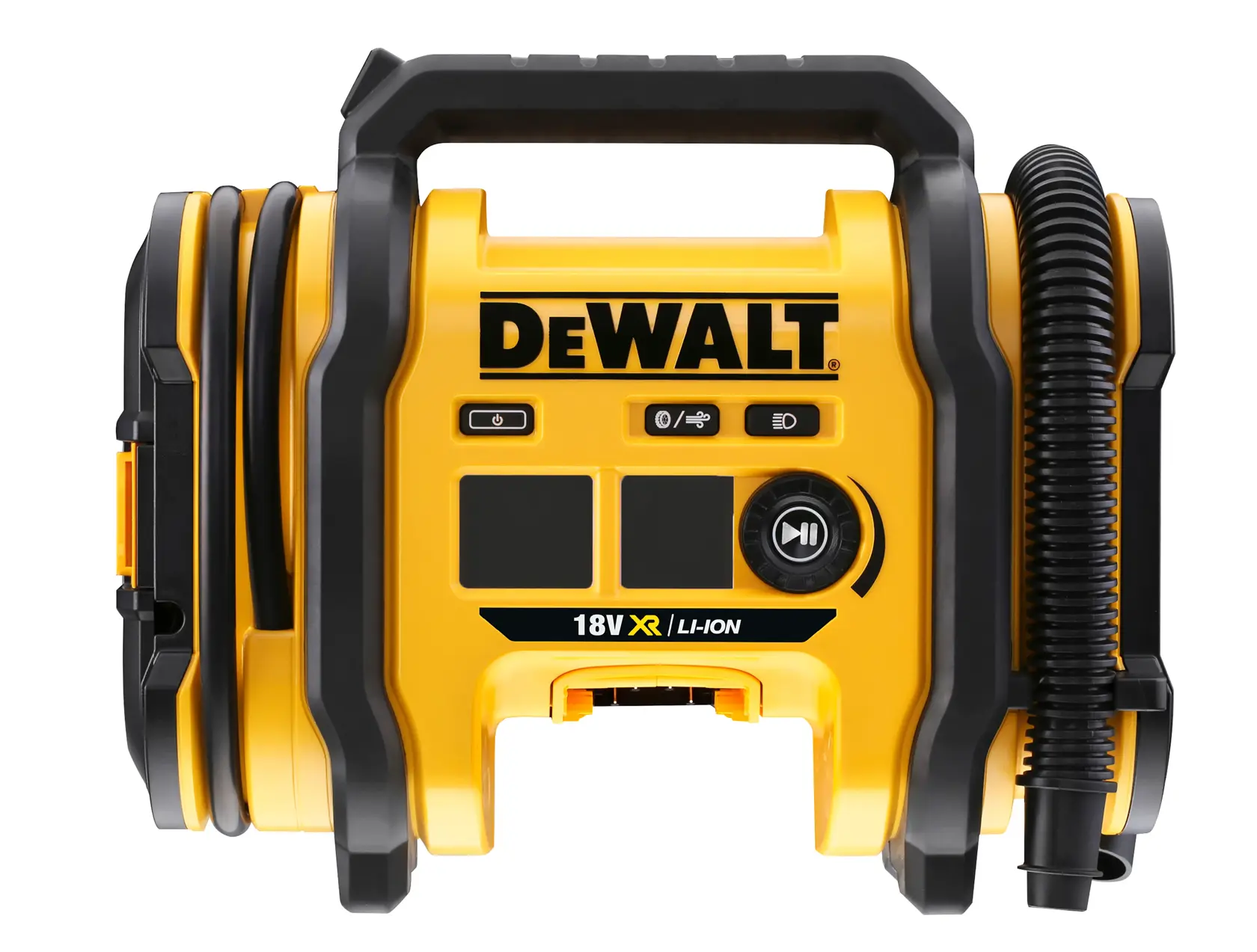Front view of a DEWALT 18V XR Li-Ion portable air inflator with a handle on top, black hose attached, and control buttons on the front.