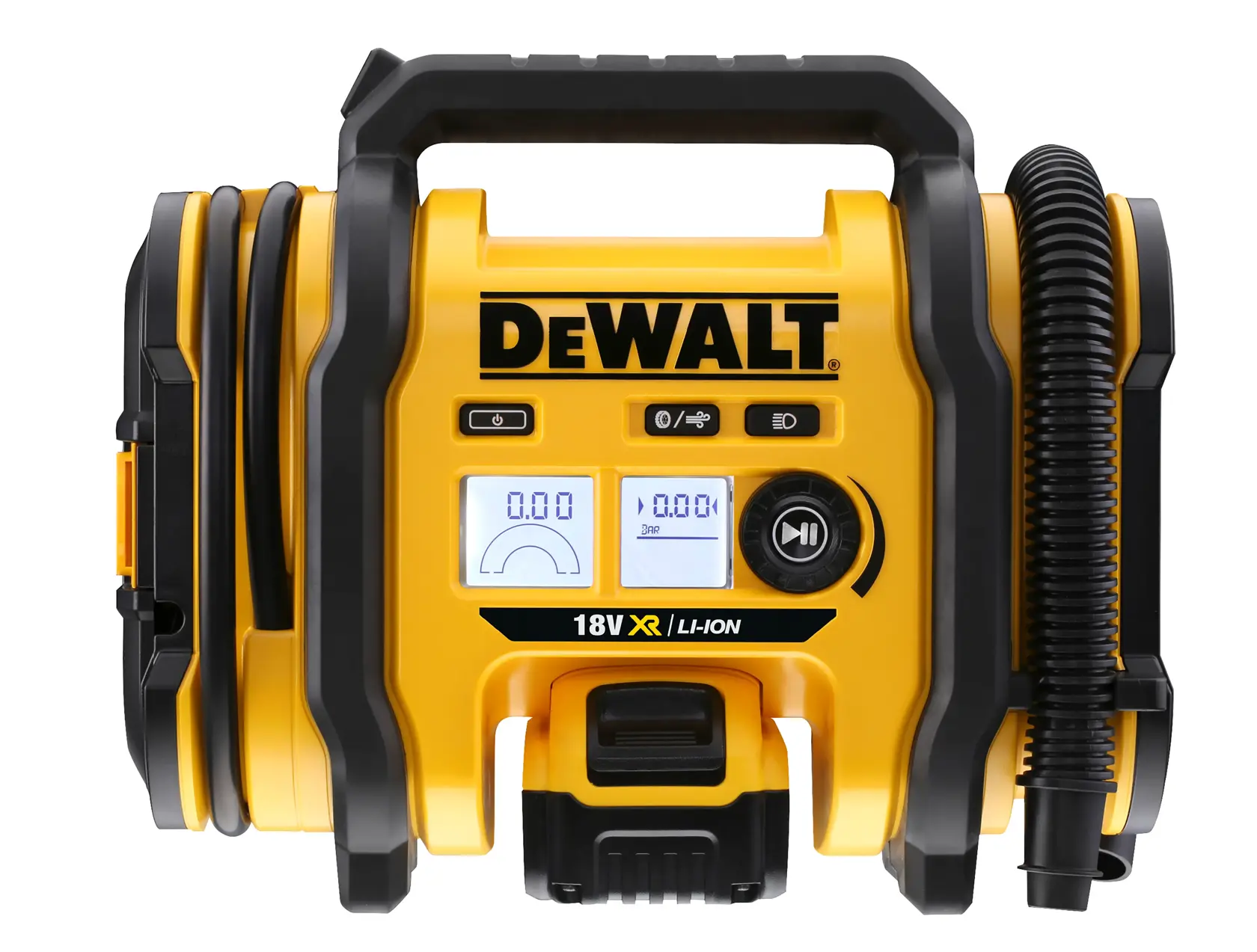 Front view of a DEWALT 18V XR Li-Ion portable air compressor with a digital display, yellow and black body, and a flexible hose attached.