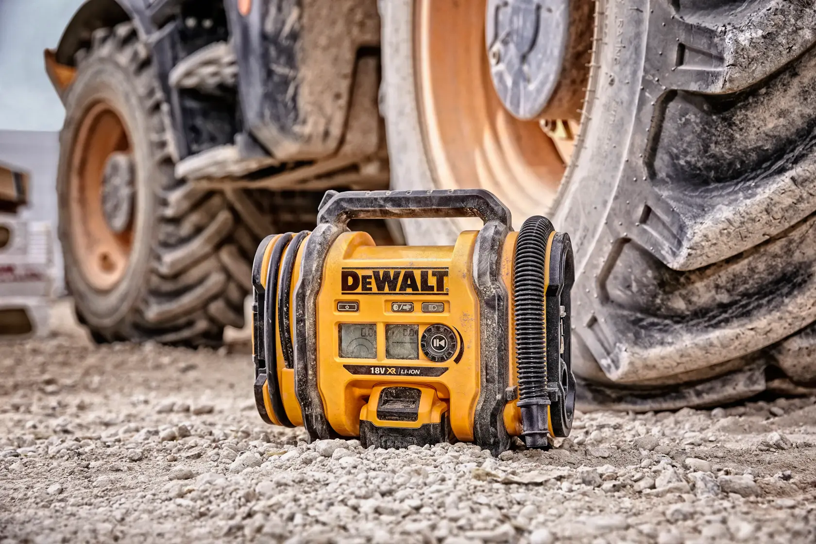A DEWALT portable air compressor (model DCC018N) sits on a rough construction site ground next to a large vehicle tire.