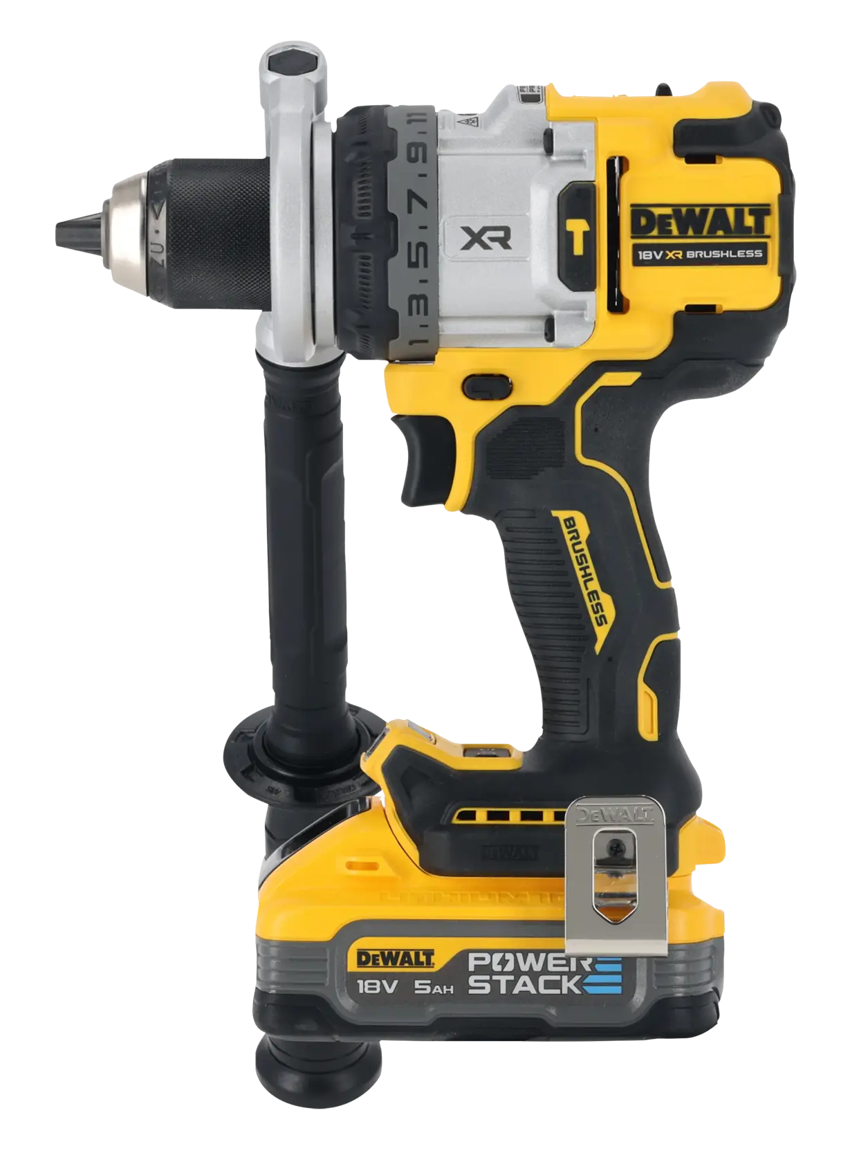 DEWALT 18V brushless cordless drill with side handle and PowerStack battery, shown upright.
