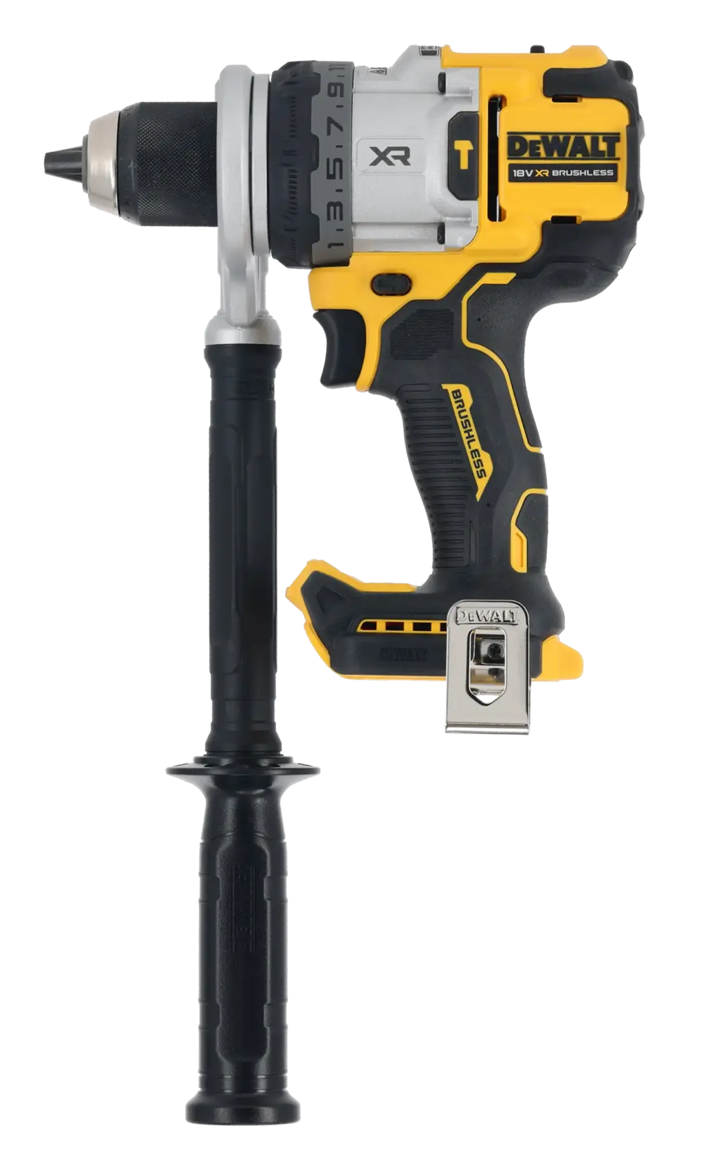 DEWALT drill with side handle, SKUs DCD1007NT, DCZ607X2-XE. Photography product image.