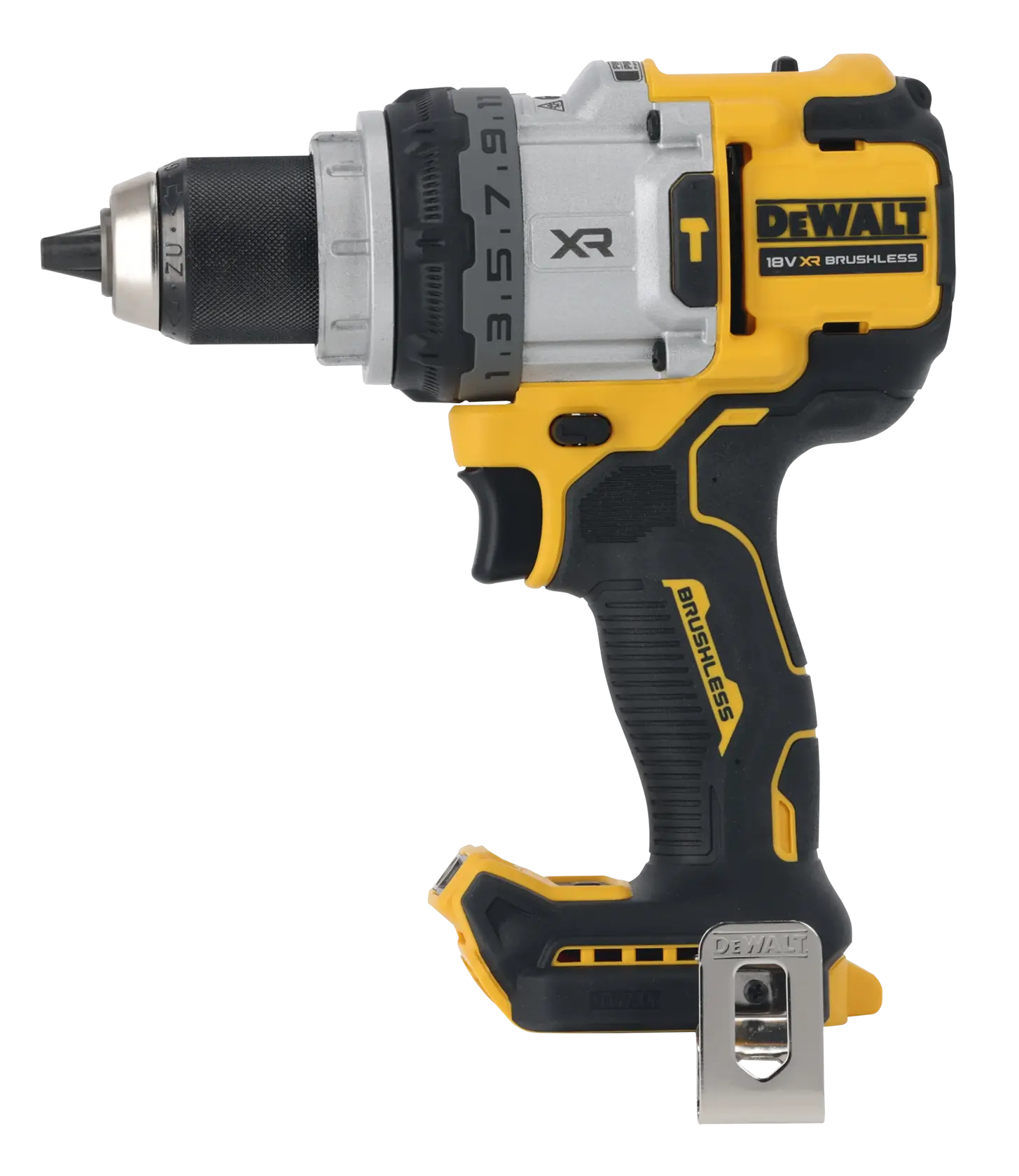 DEWALT drill, photography product, SKUs DCD1007NT, DCZ607X2-XE. Yellow and black design, side view.