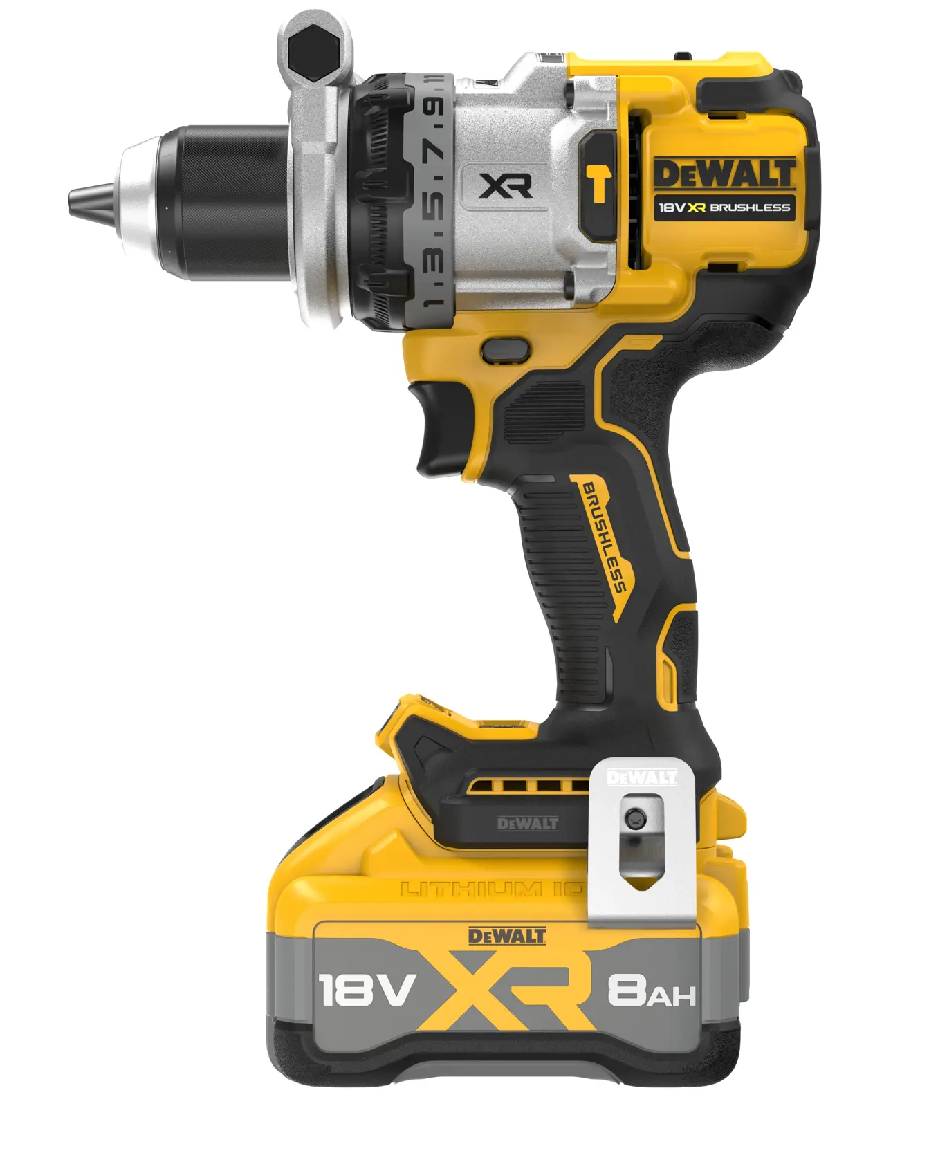 DEWALT 18V XR cordless drill with brushless motor and 8Ah battery. Yellow, black and silver design.